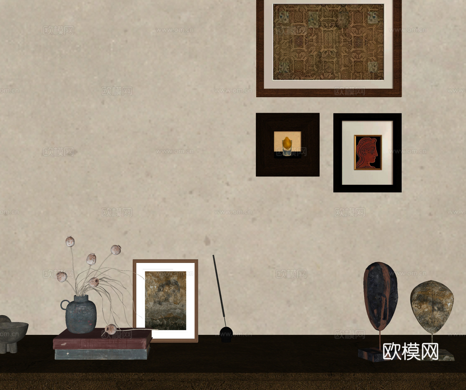 中古风挂画桌面摆件组合su模型