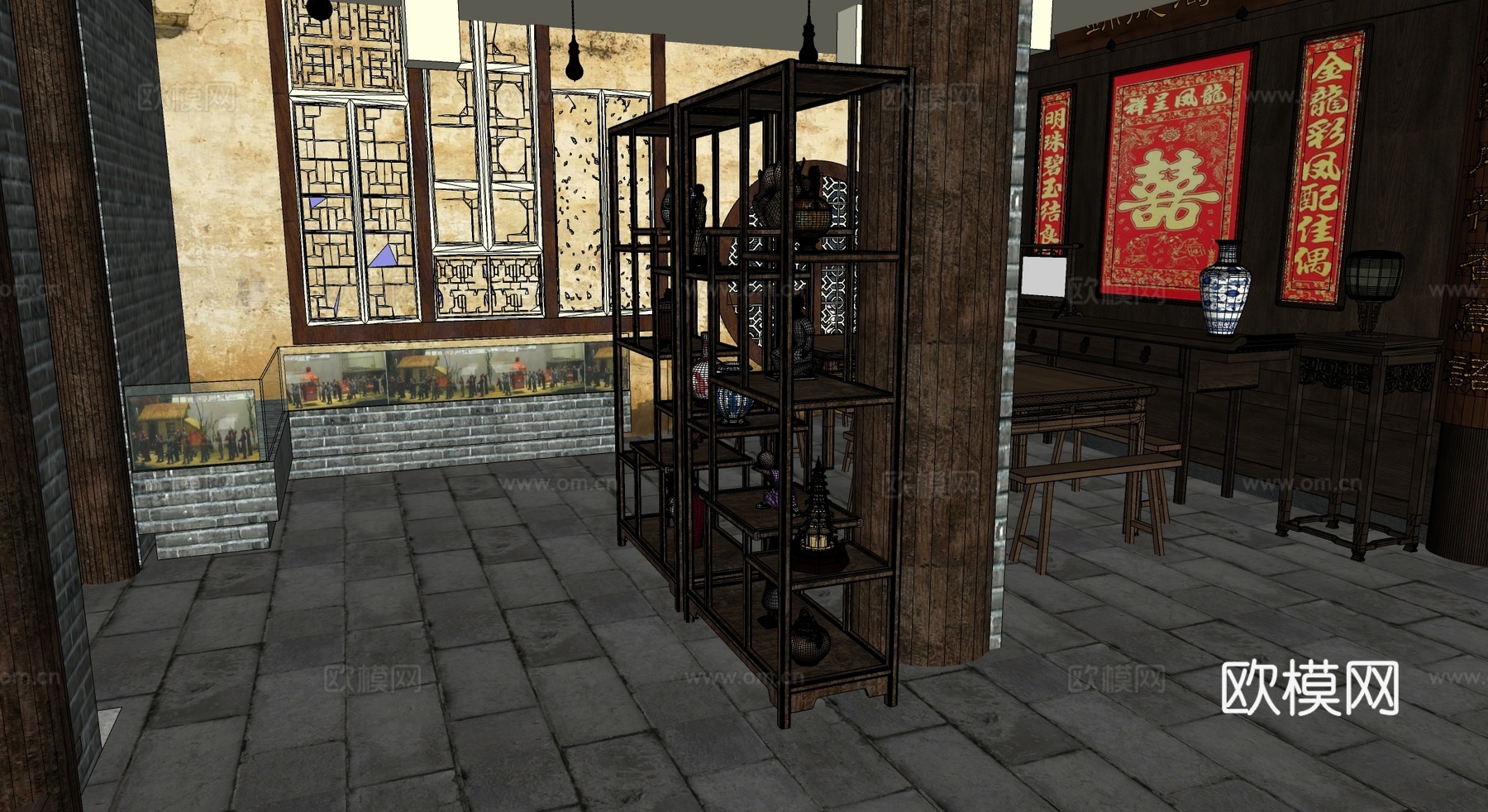 现代中式刺绣展厅刺绣服饰展厅su模型