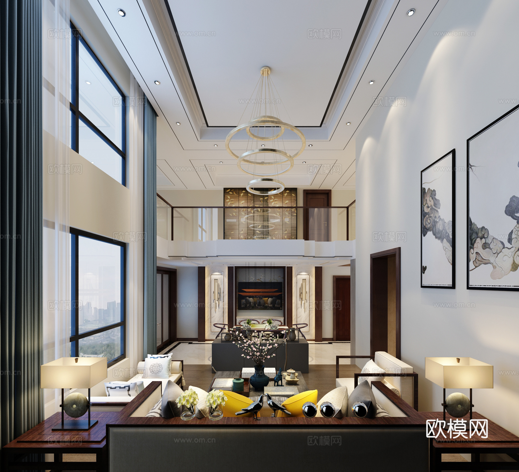 新中式别墅客餐厅 客厅 餐桌椅 沙发茶几 吊灯 桌面摆件3d模型