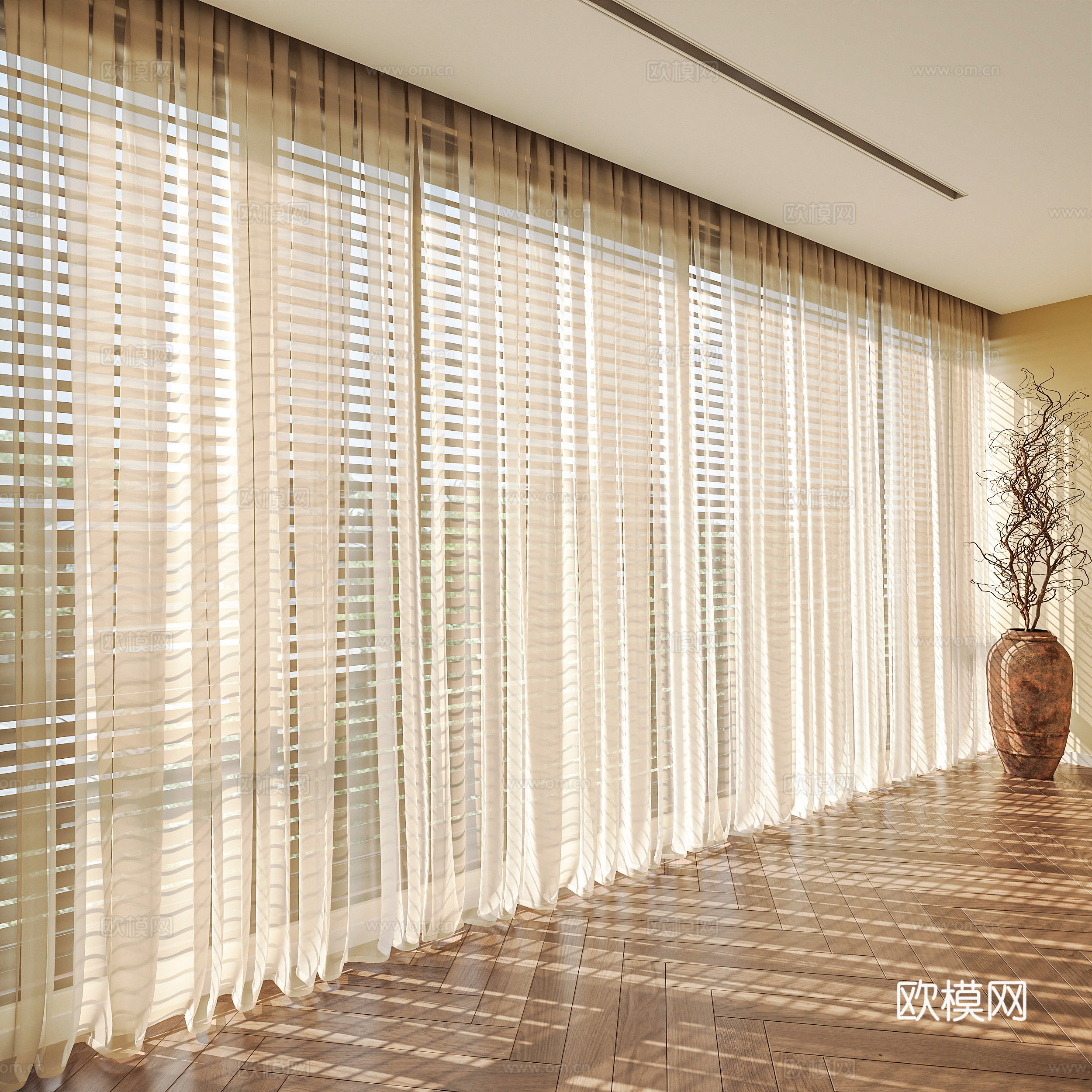中古风窗帘 纱帘 褶帘 中古百叶帘 轨道窗帘 布艺窗帘su模型