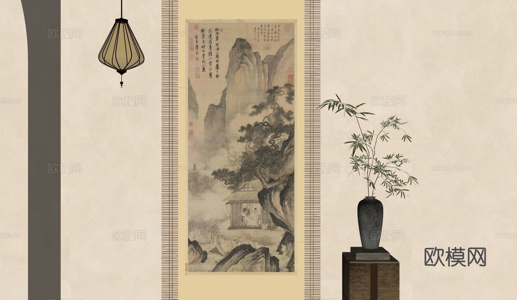新中式装饰画 花瓶摆件 吊灯su模型