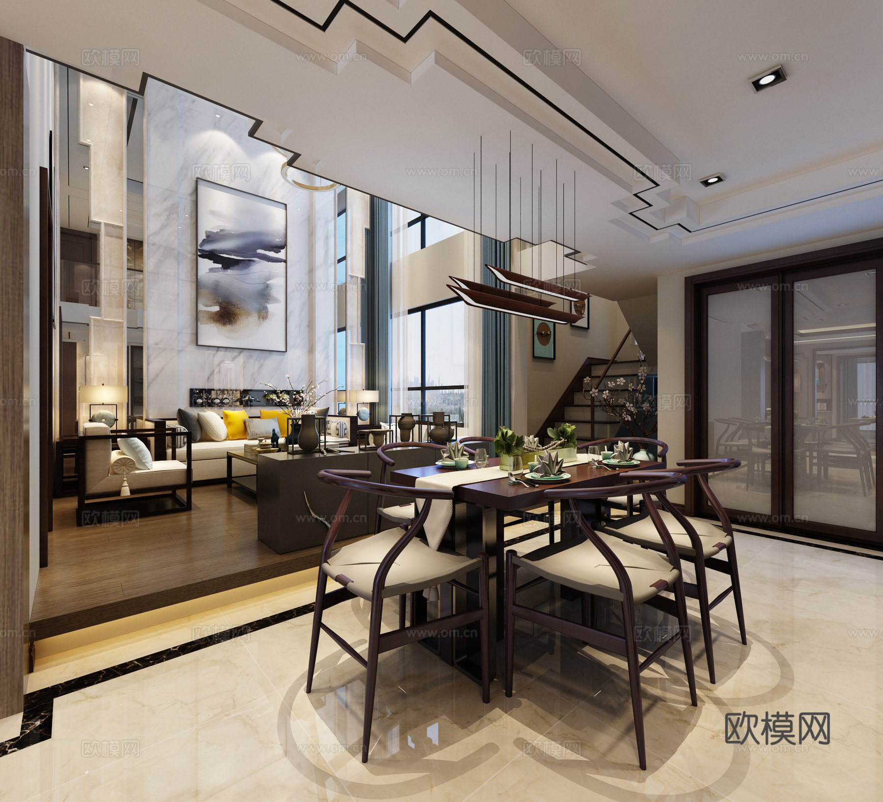 新中式别墅客餐厅 客厅 餐桌椅 沙发茶几 吊灯 桌面摆件3d模型