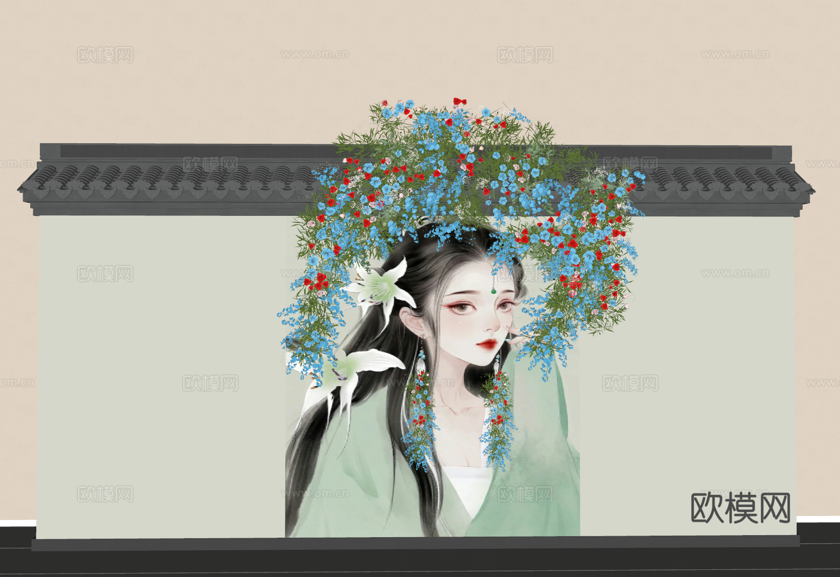 新中式围墙 鲜花墙绘 墙绘 鲜花美陈 藤蔓 花艺 植物墙 卡su模型