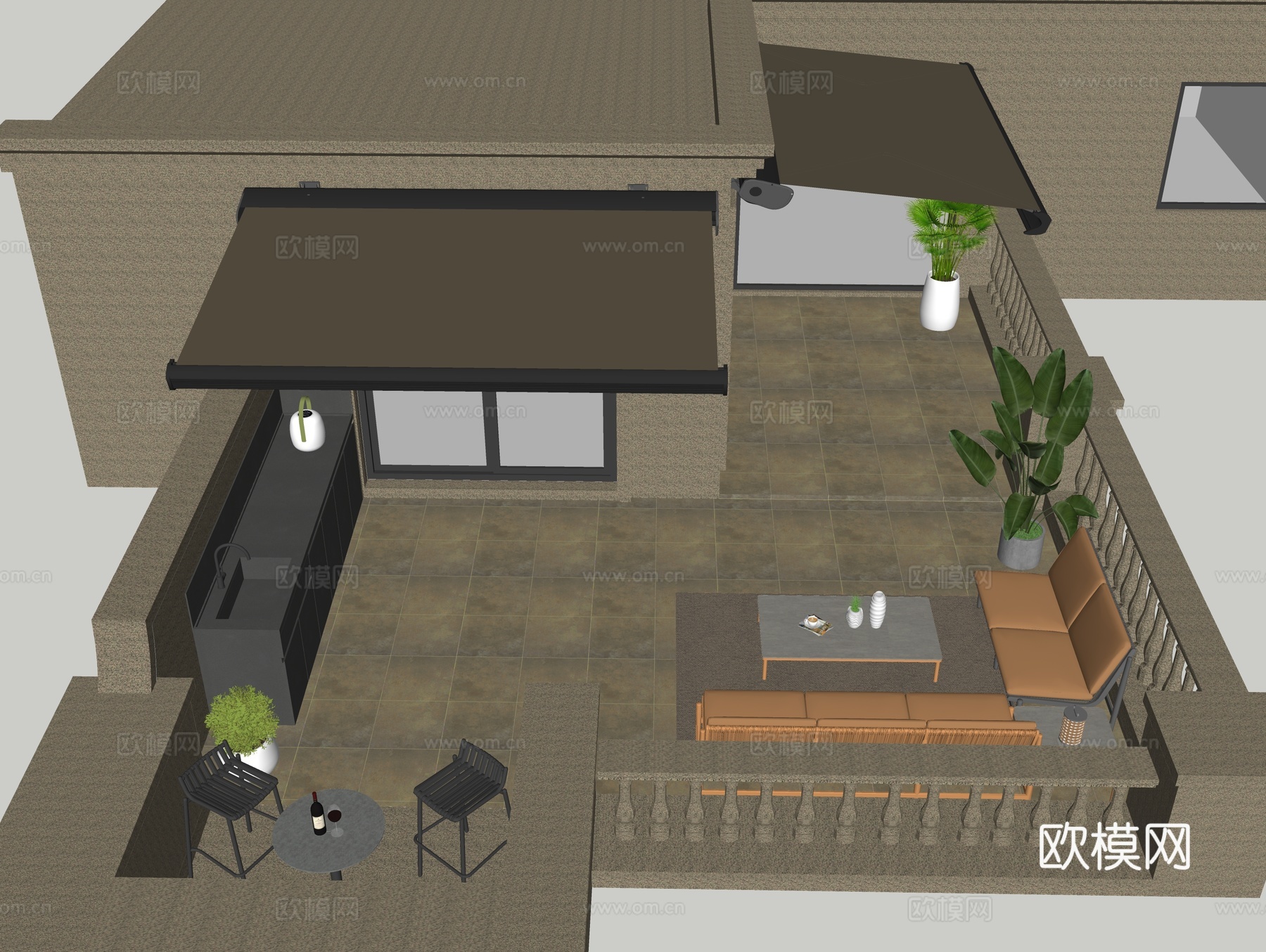 现代户外 休闲转角沙发椅 圆形吧桌吧椅 建筑伸缩遮阳棚 篷su模型