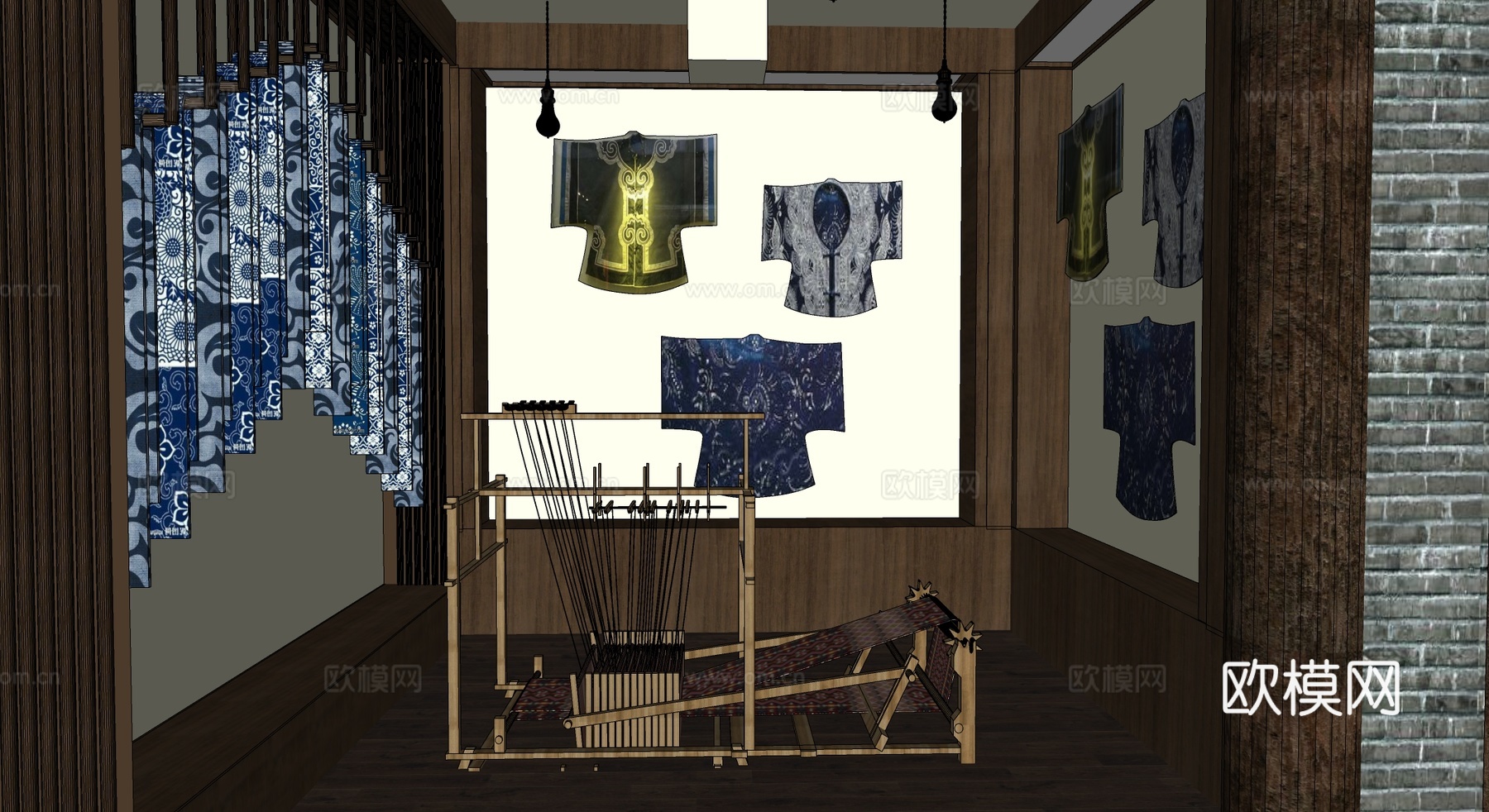 现代中式刺绣展厅刺绣服饰展厅su模型
