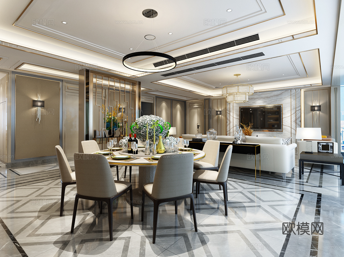 现代客厅餐厅3d模型