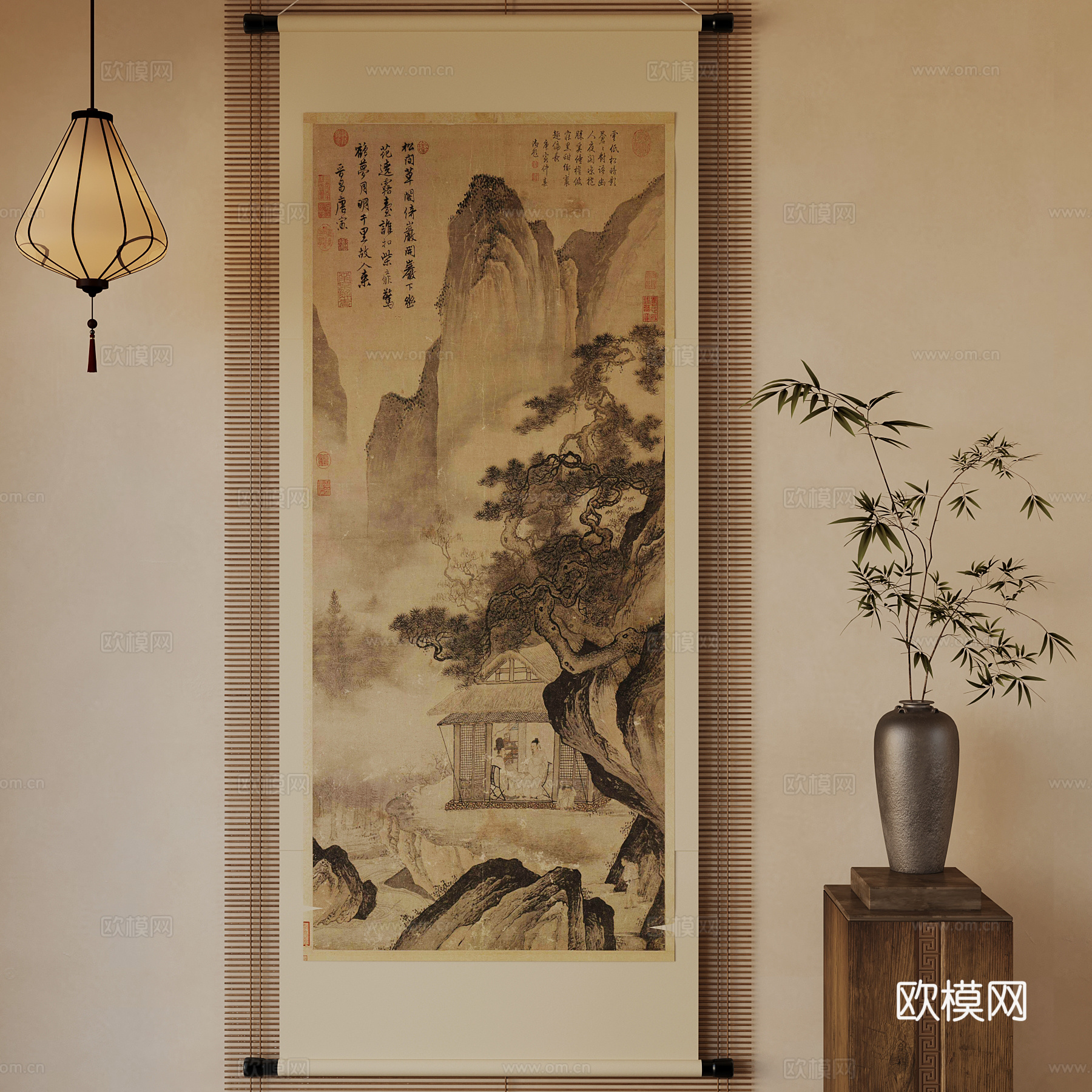 新中式装饰画 花瓶摆件 吊灯3d模型