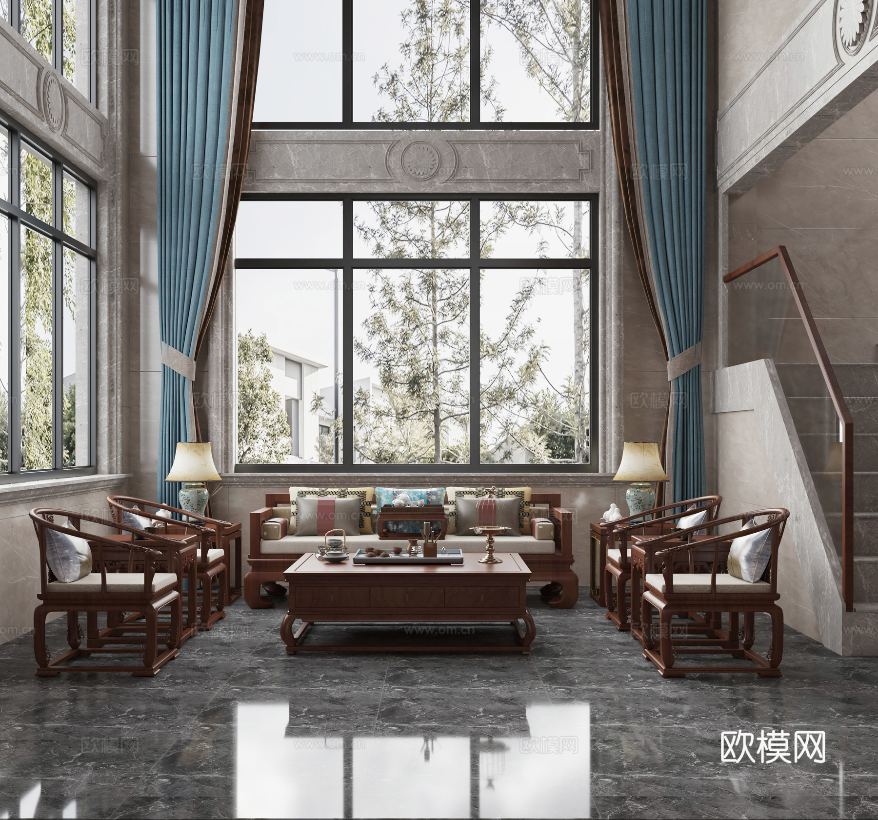 现代新中式别墅客厅3d模型