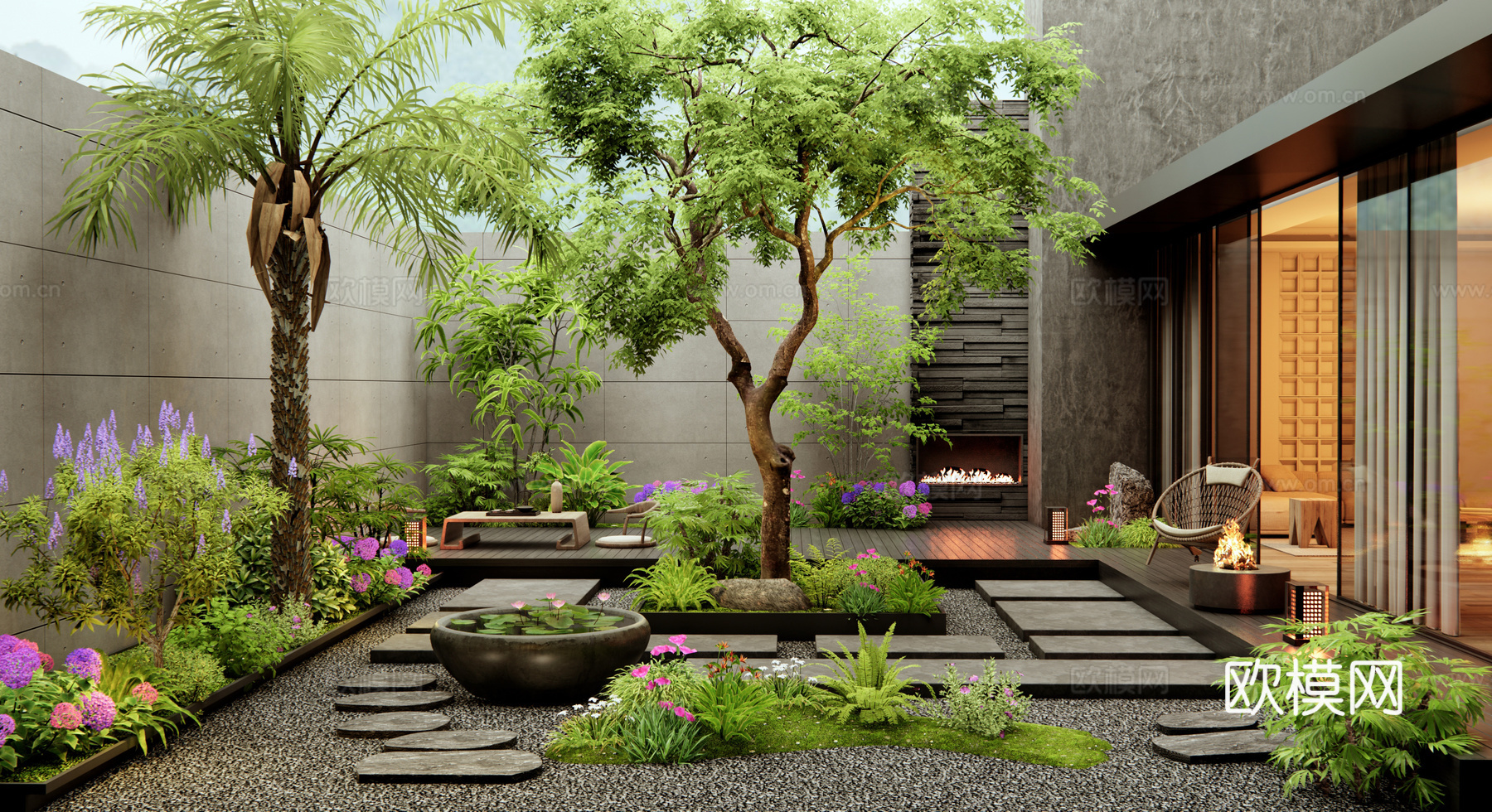 现代别墅庭院花园 植物造景 花草 景观树 植物景观 汀步3d模型