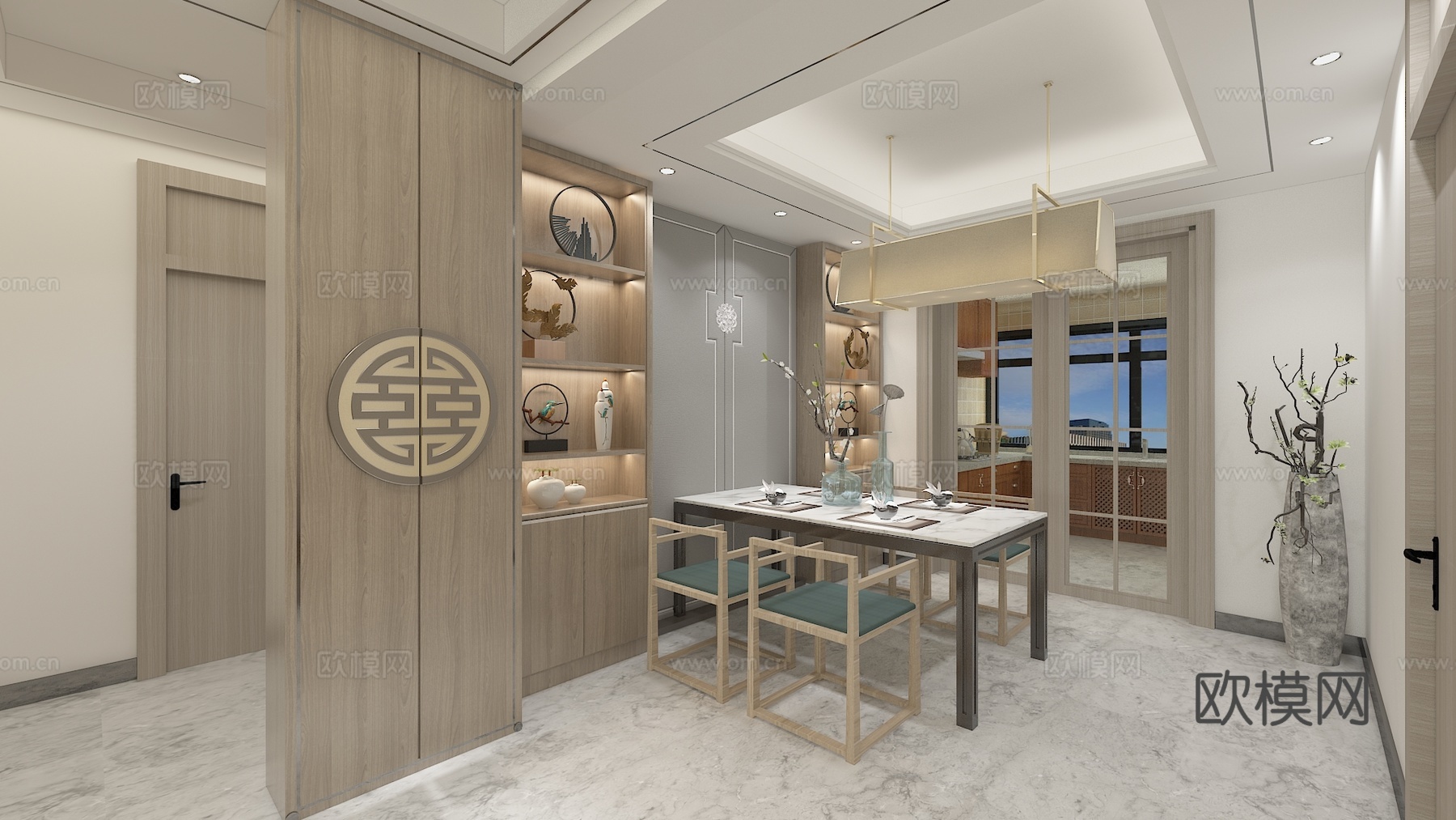 新中式客厅 餐厅 厨房 沙发茶几 吊灯 餐桌椅3d模型