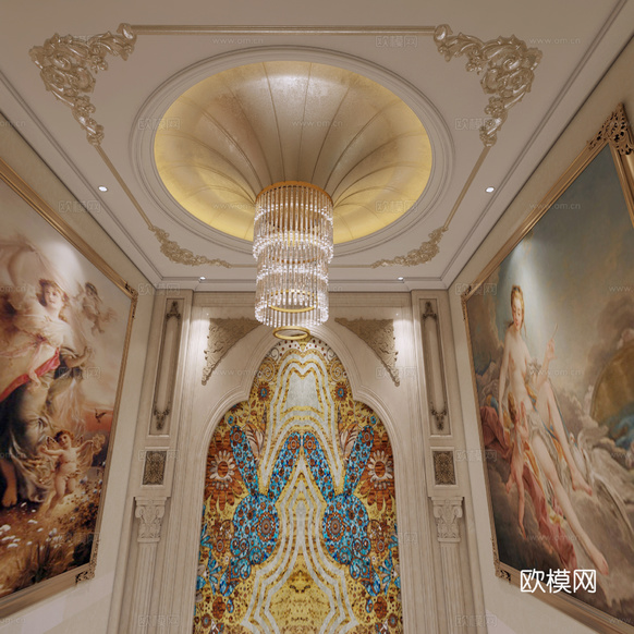 欧式古典欧式客餐厅 大理石背景 电视背景 挑空餐厅 欧式3d模型下载(渲染图1)