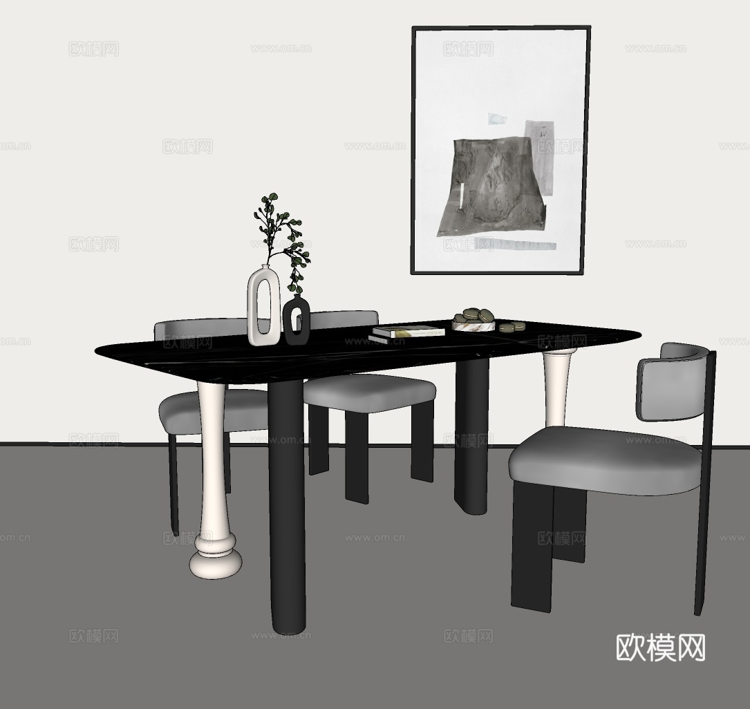 现代餐桌椅组合  轻奢餐桌椅组合 意式餐桌椅组合su模型