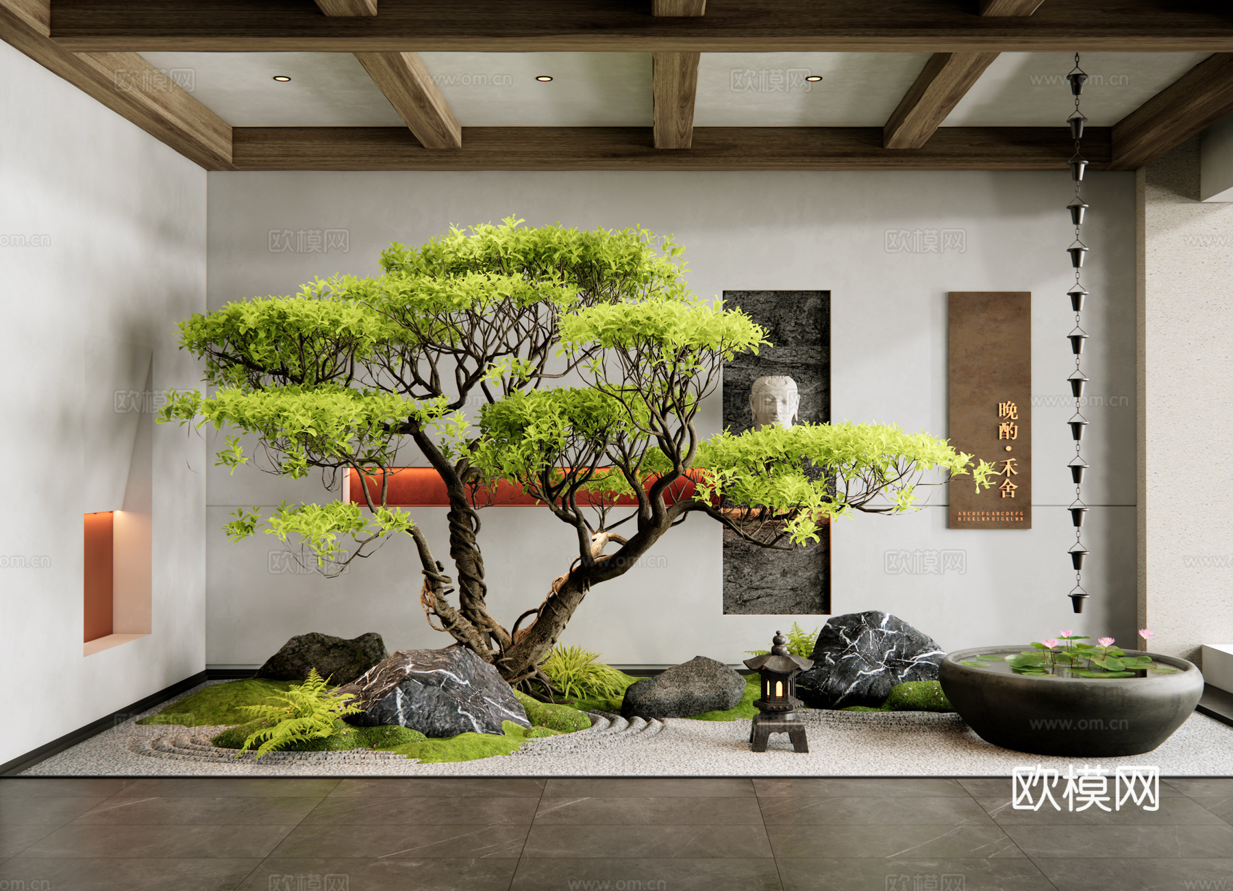 新中式庭院小品 室内景观造景 枯山水 景观石头 水钵水景3d模型