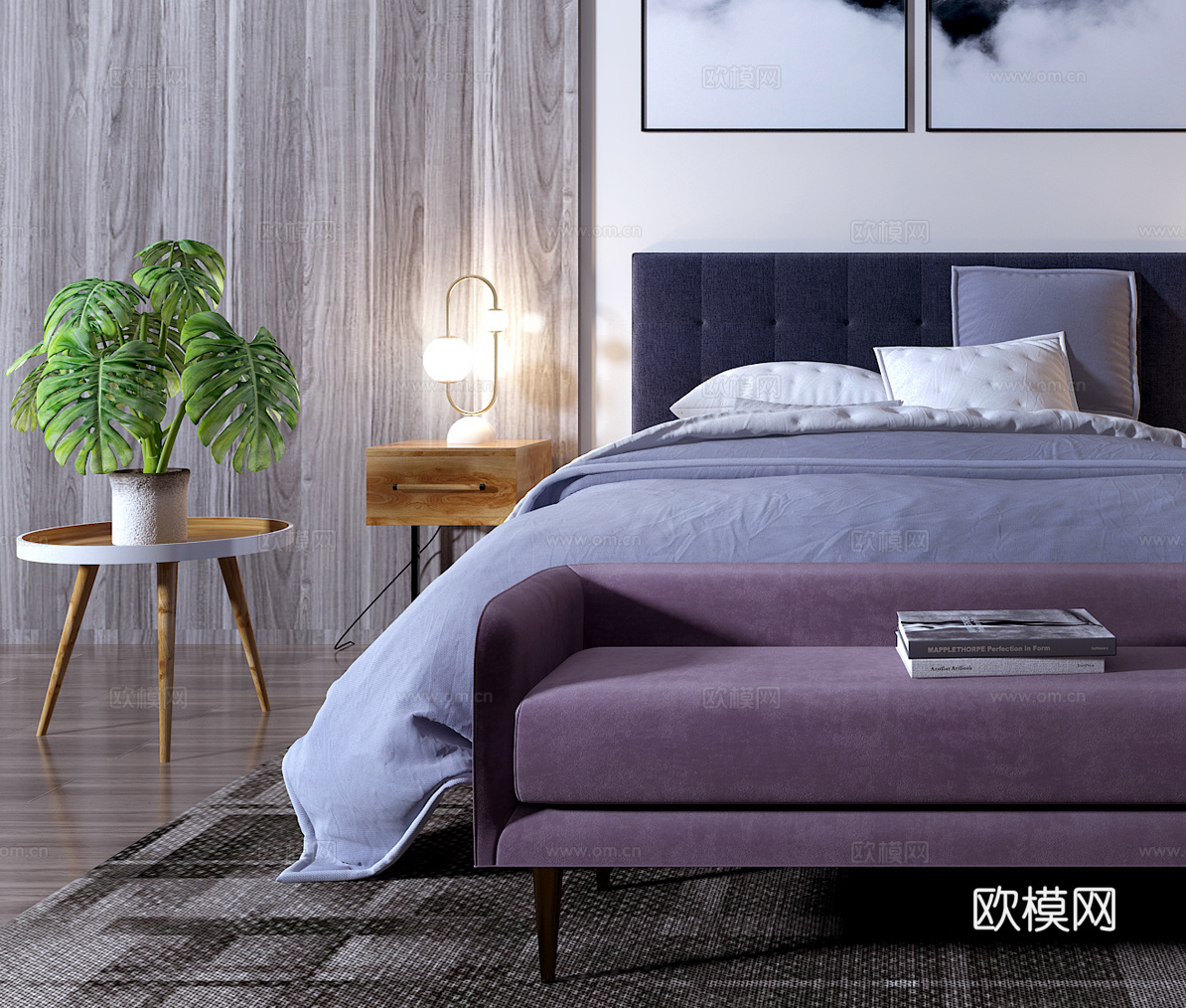 现代北欧双人床组合 挂画 台灯 植物  挂件3d模型