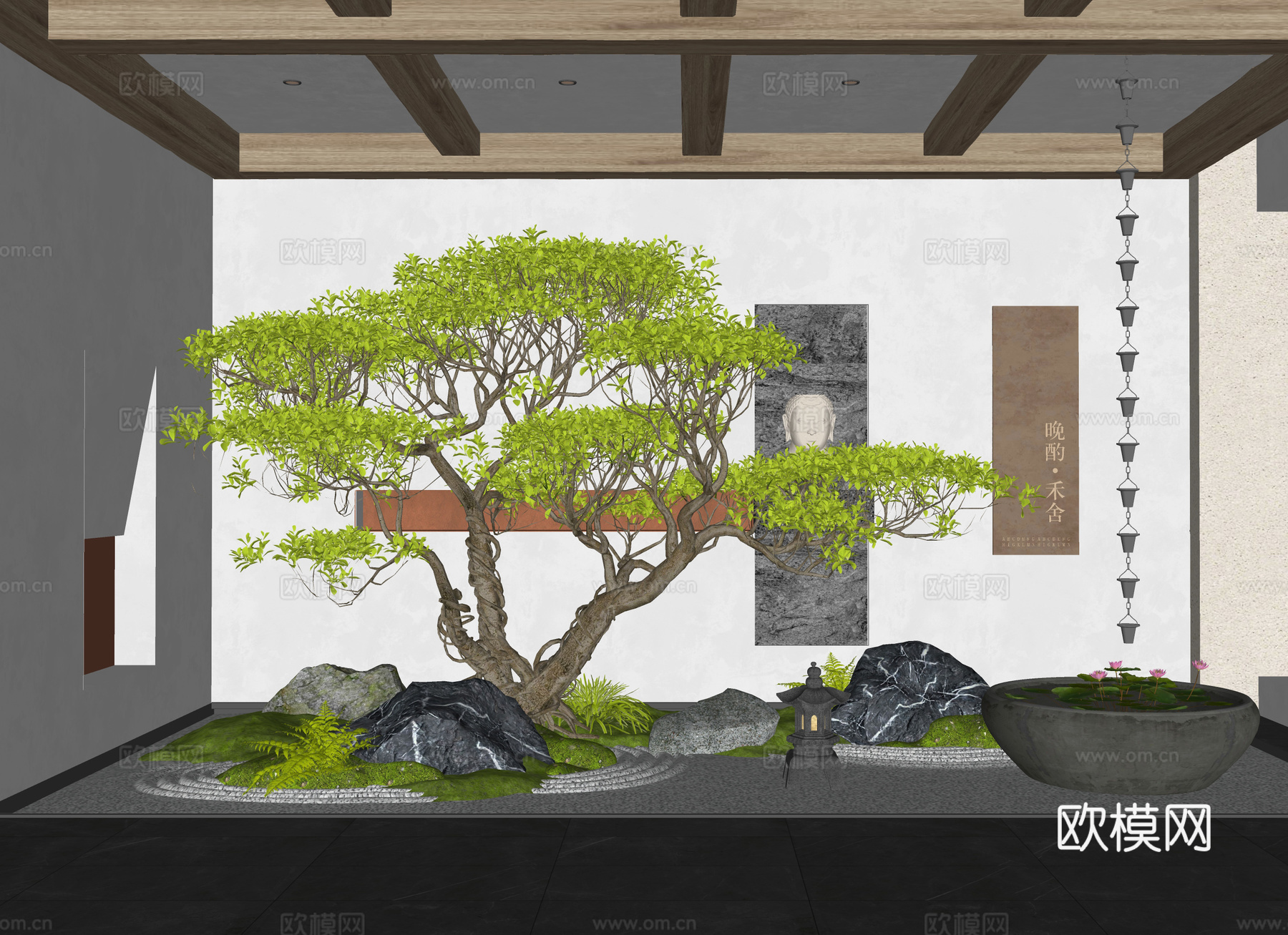 新中式庭院小品 室内景观造景 枯山水 景观石头 水钵水景su模型