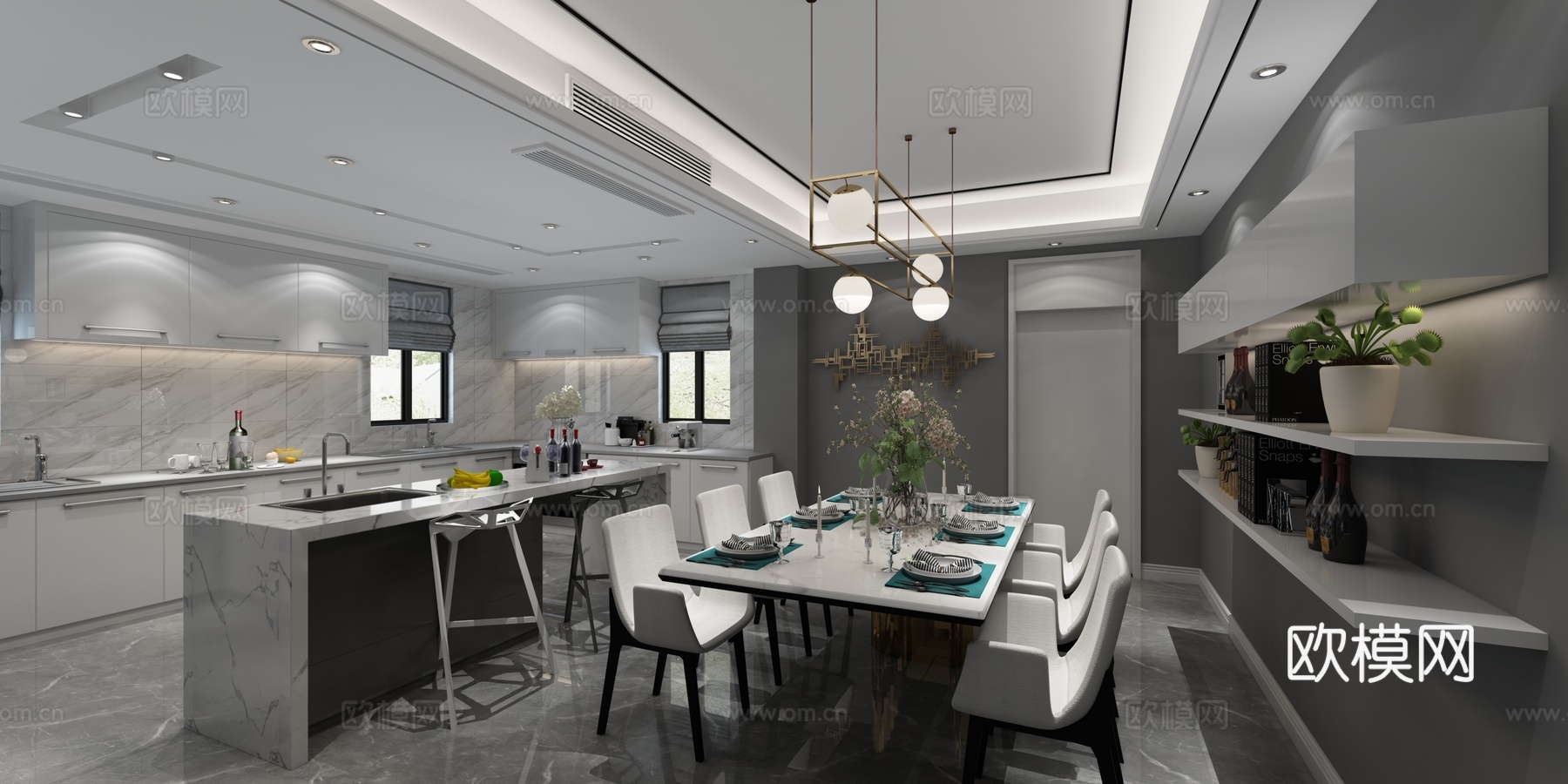 现代别墅客餐厅全景模型橱柜 玻璃扶手楼梯 现代沙发 背景3d模型
