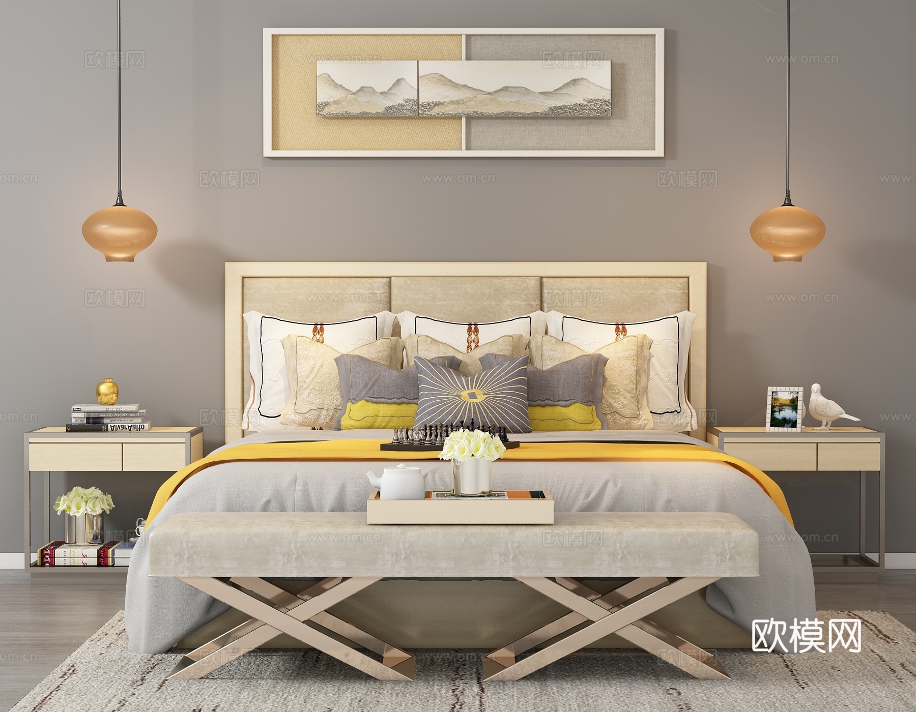 现代双人床 台灯 挂画3d模型