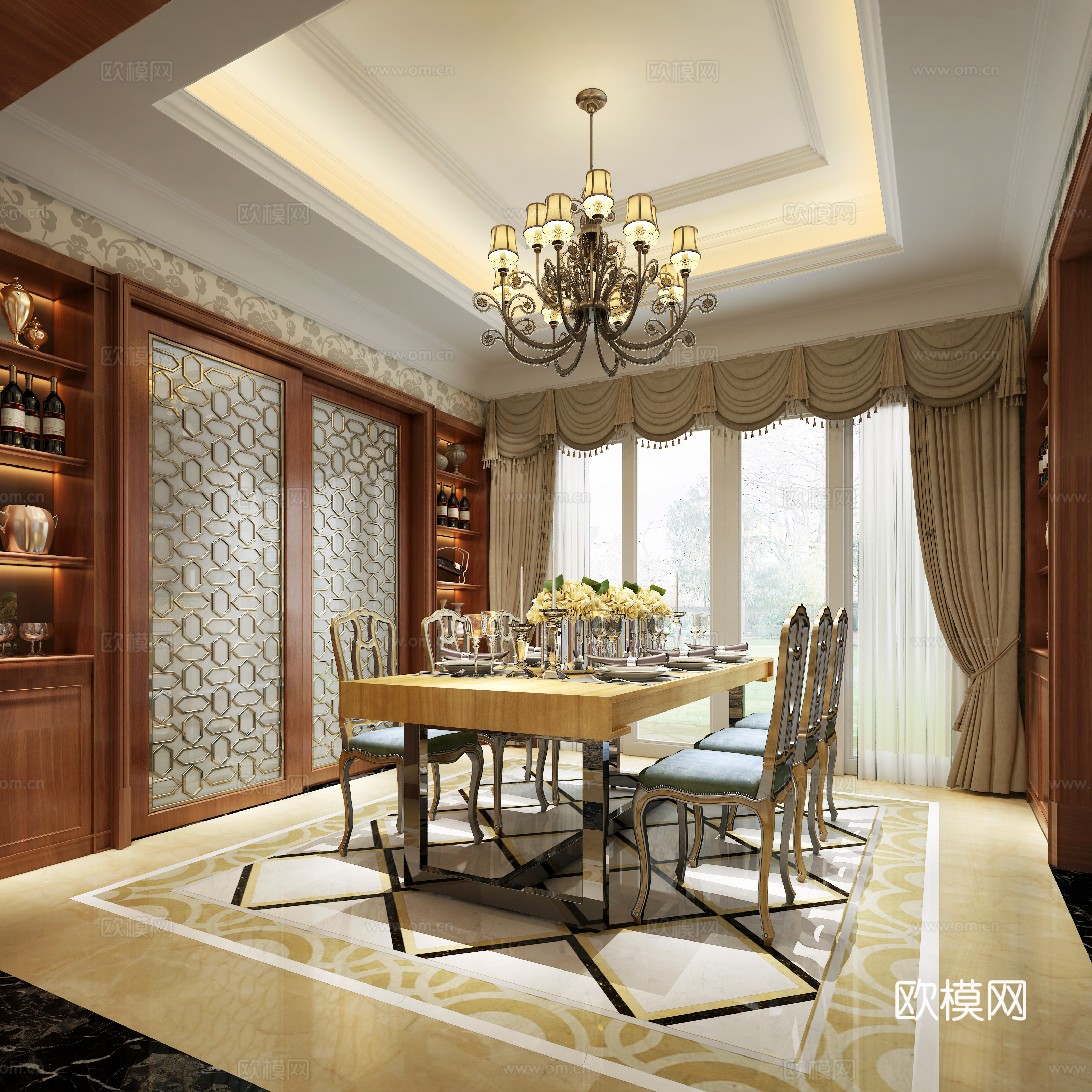 简欧客厅餐厅 沙发组合 吊灯3d模型