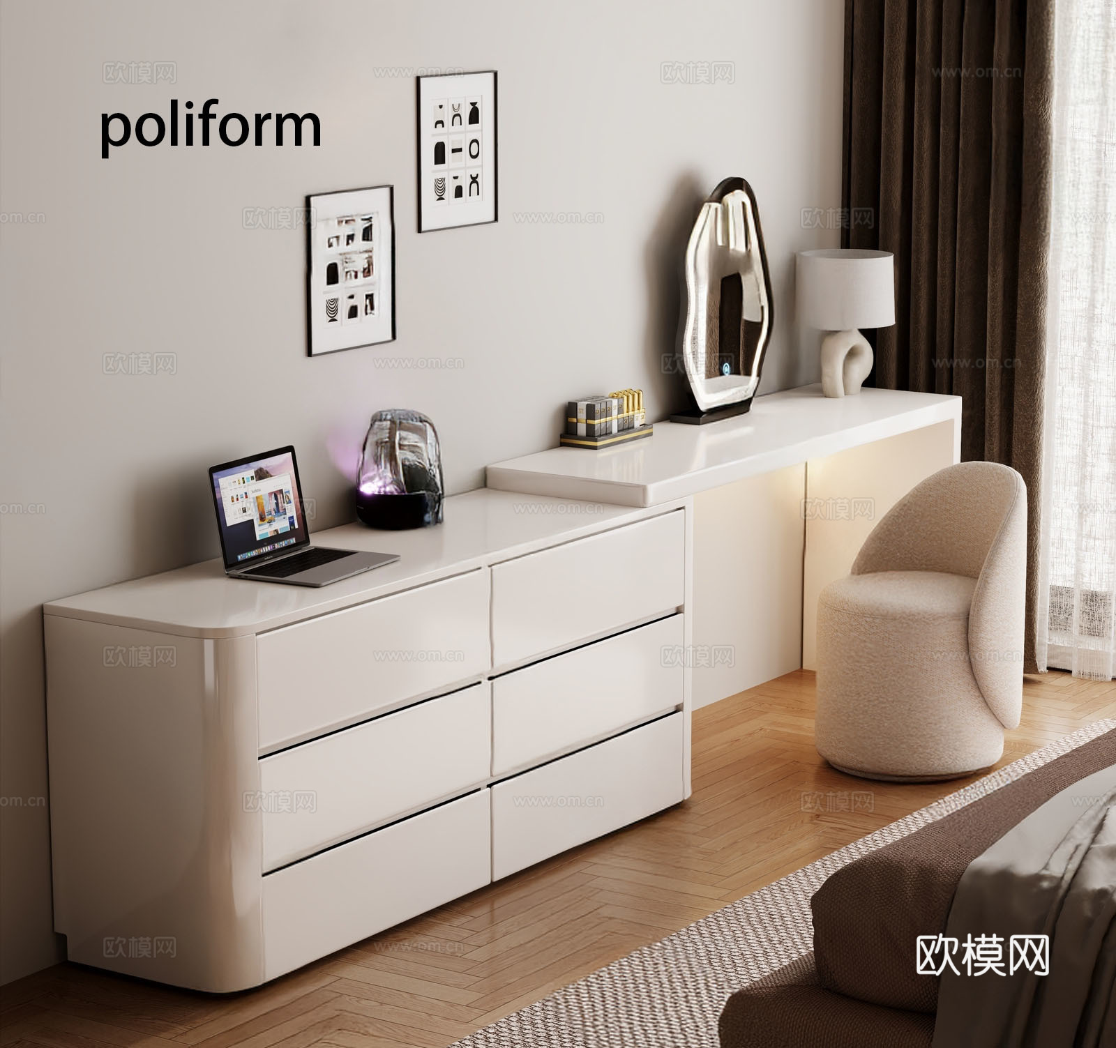 现代奶油梳妆台su模型