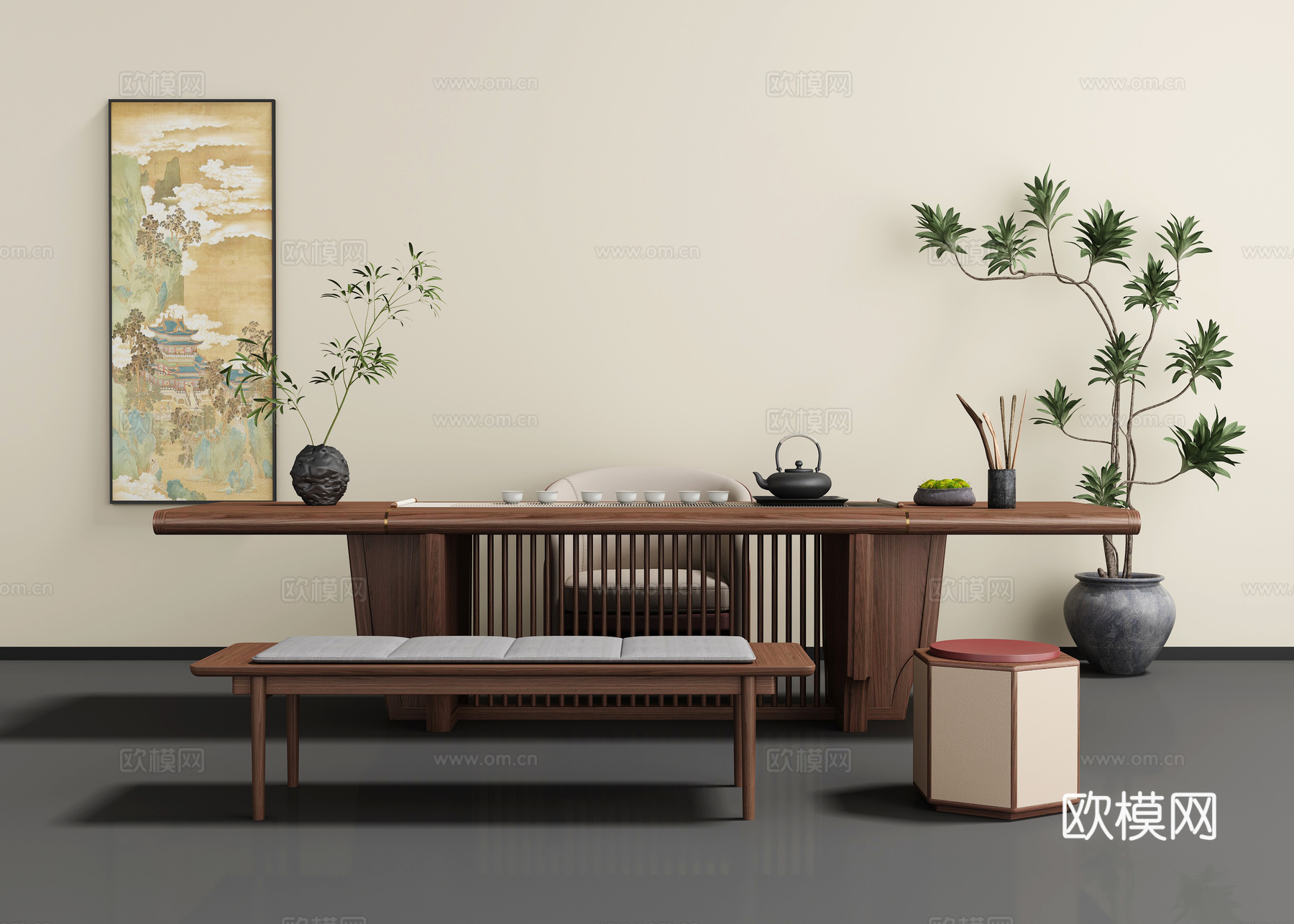 新中式茶桌椅3d模型