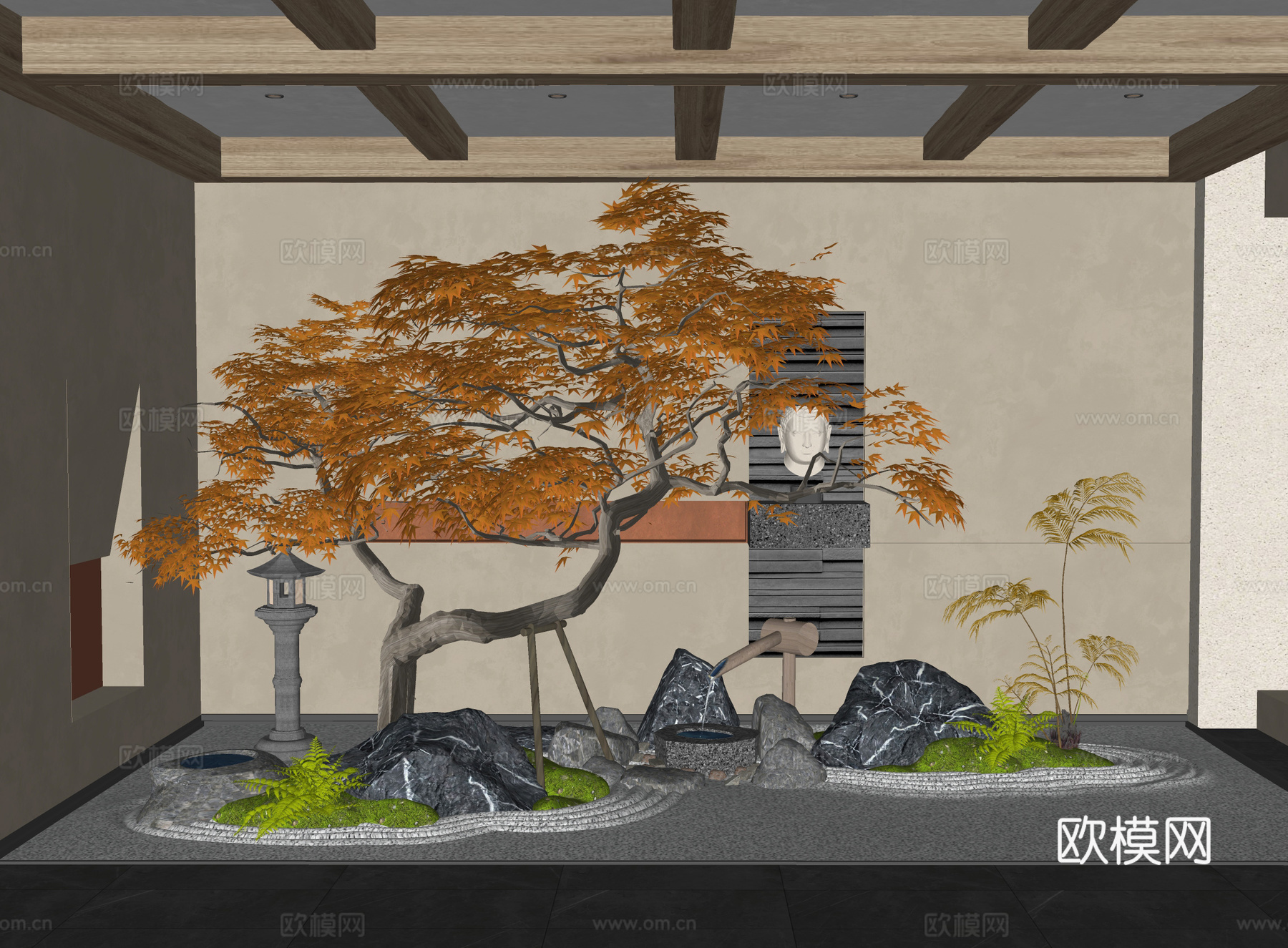 新中式室内景观造景 庭院景观小品 枯山水 红枫景观树 石头su模型