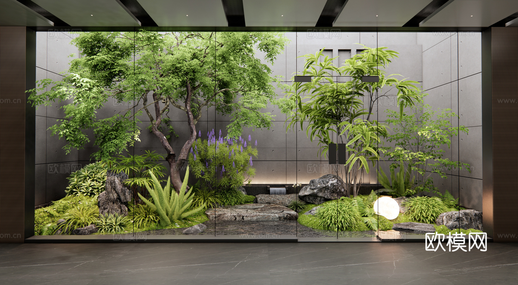 现代天井景观 室内景观造景 庭院小品 植物组合 水景 植物堆3d模型