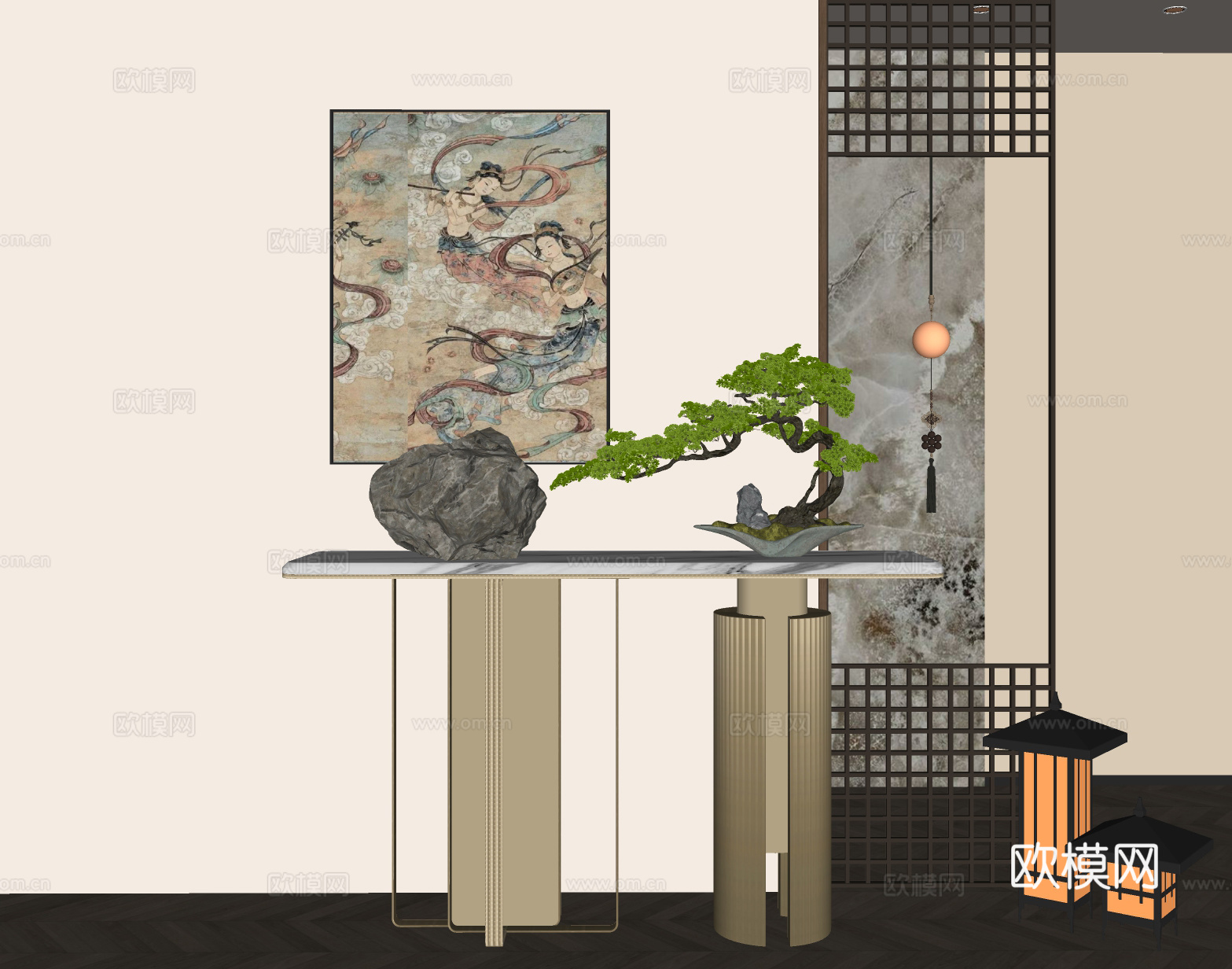 新中式条案 端景台 摆件组合 花艺摆件su模型
