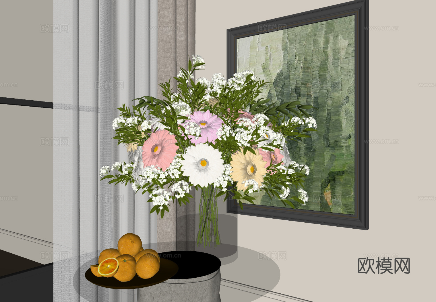 现代花艺摆件 花艺绿植 插花花艺 小雏菊花艺su模型