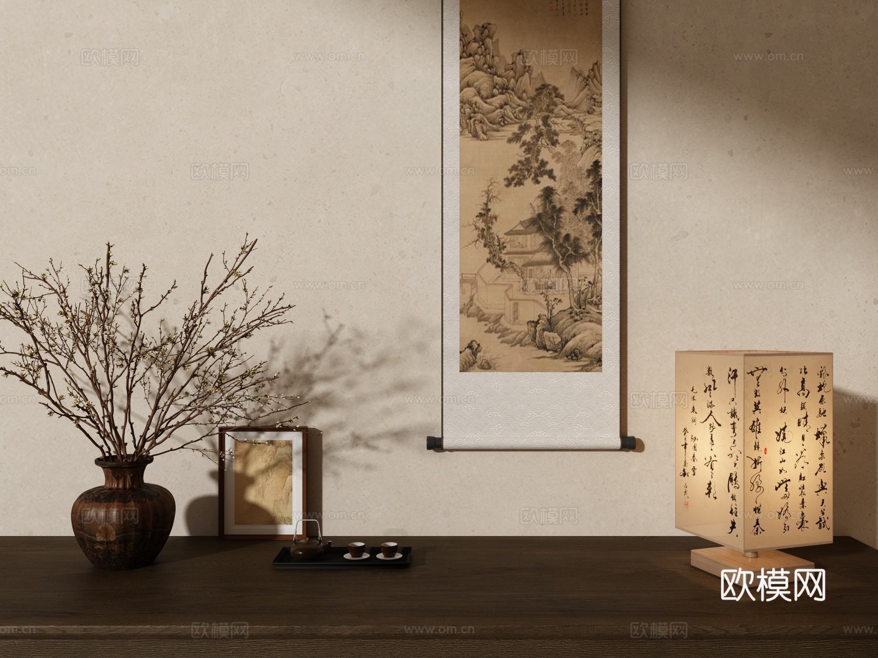 新中式台灯挂画绿植茶具摆件组合3d模型