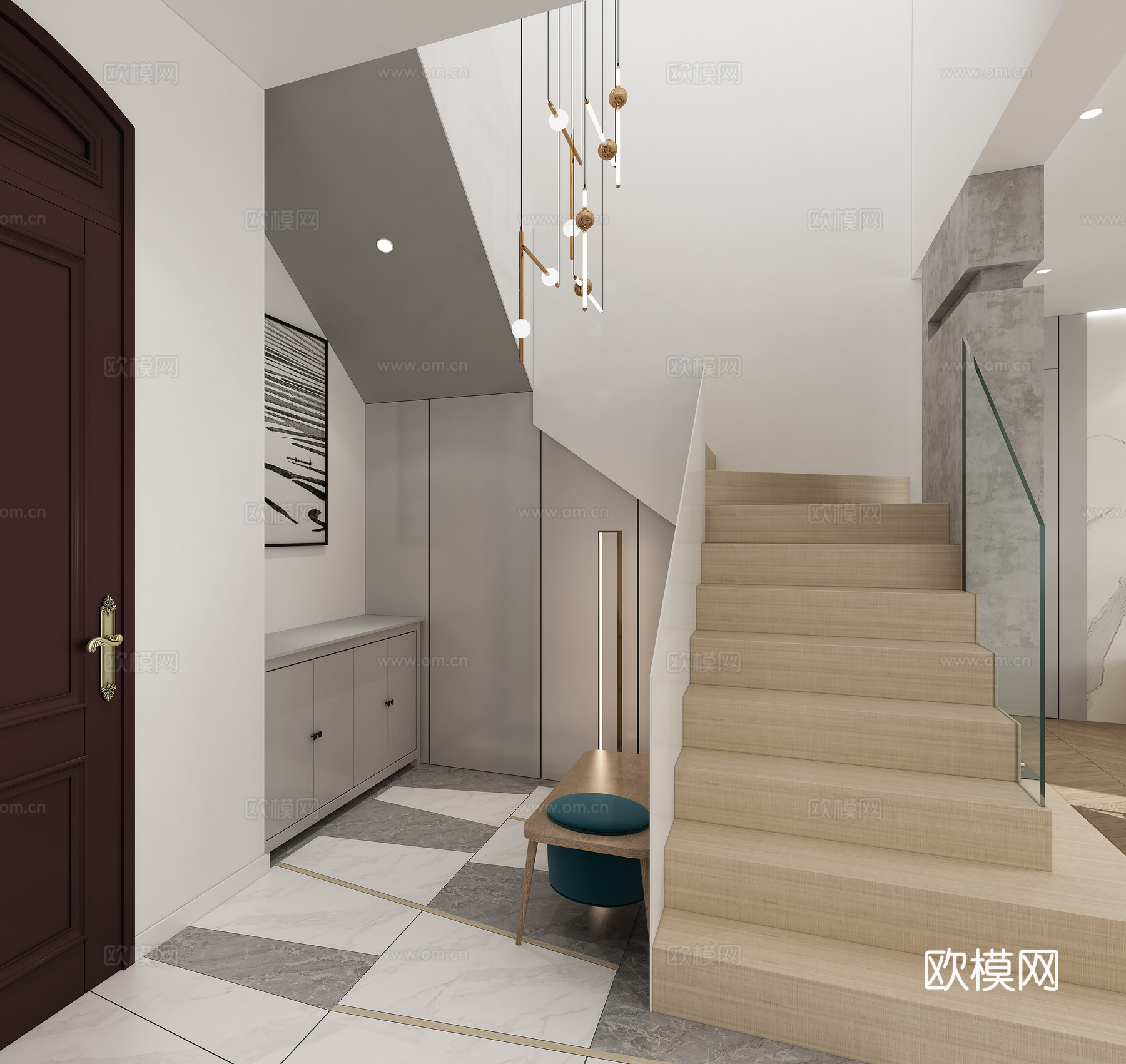 现代极简客餐厅 隐形门 电视柜 沙发 落地灯 背几 餐桌3d模型