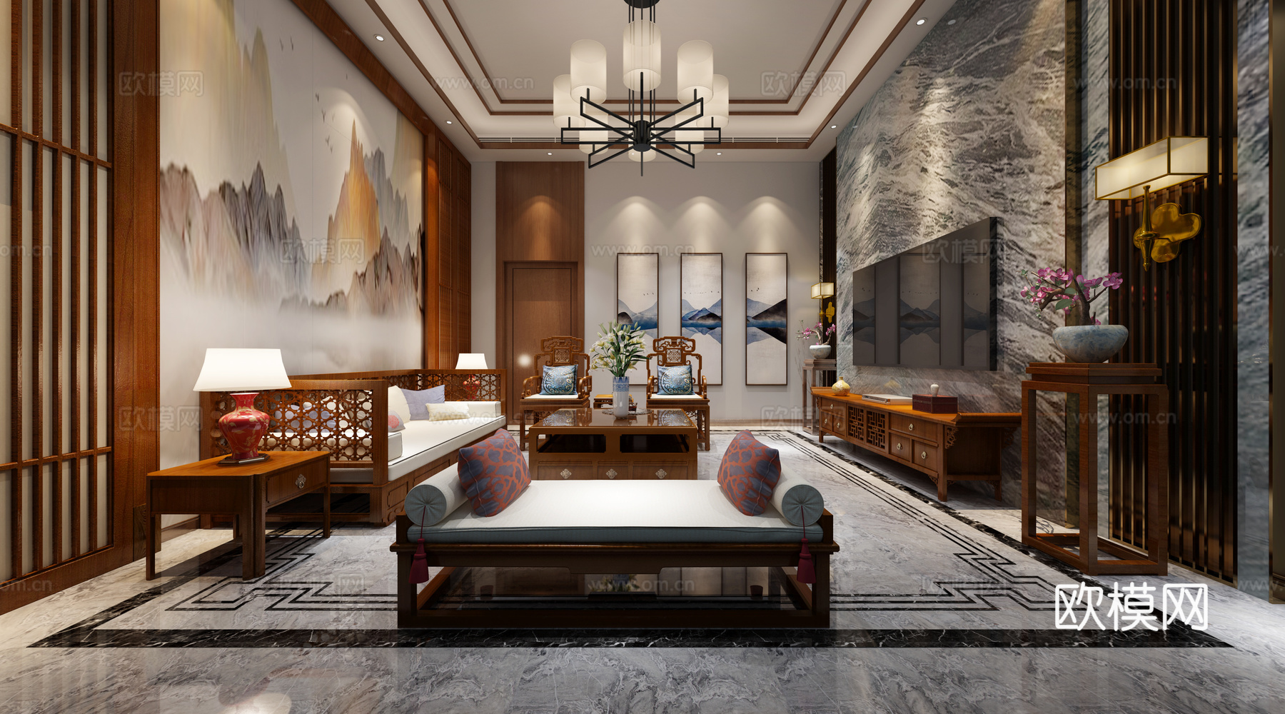 中式客厅 沙发 茶几 吊灯 电视柜 边柜 餐桌椅3d模型