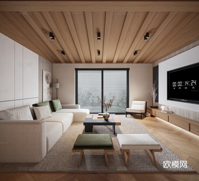 侘寂風(fēng) 禪意 木紋民宿 客廳 廚房 沙發(fā)茶幾組合 島臺 電視3d模型下載(渲染圖2)