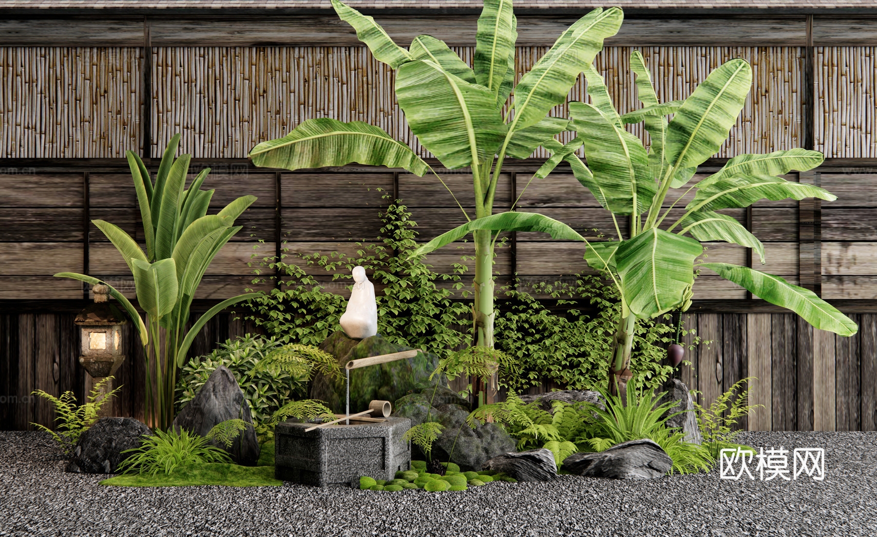 日式植物组合 庭院小品 水景 植物造景 石头 植物堆 水钵3d模型