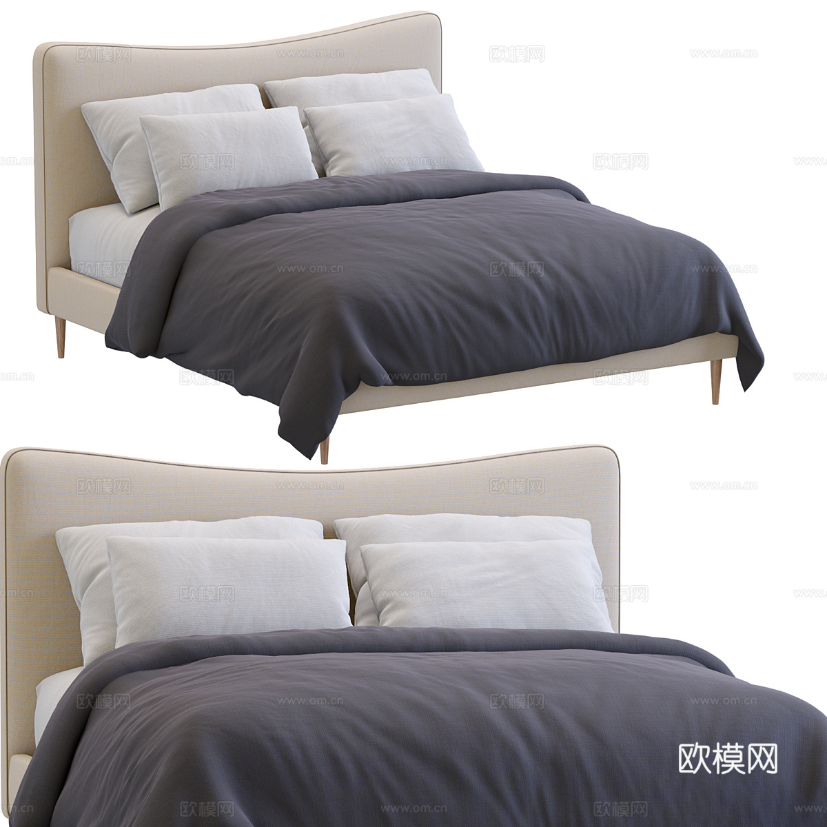 现代奶油风布艺双人床3d模型