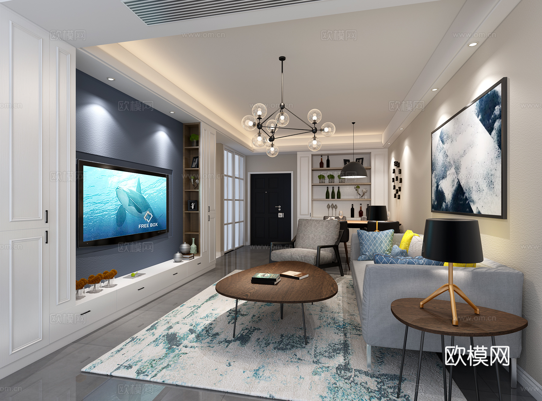 现代客厅 餐桌椅 沙发茶几 吊灯 桌面摆件 挂画3d模型
