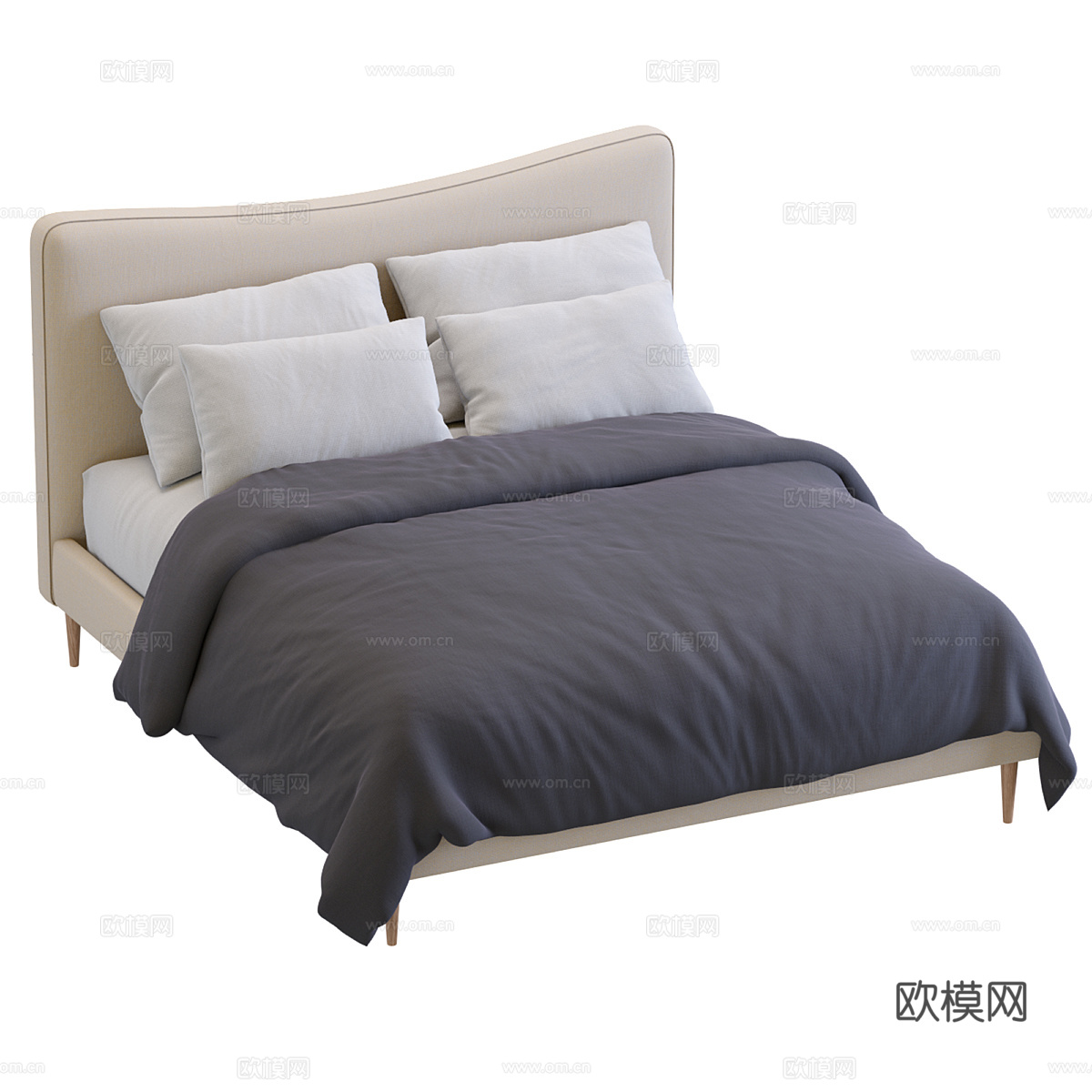 现代奶油风布艺双人床3d模型