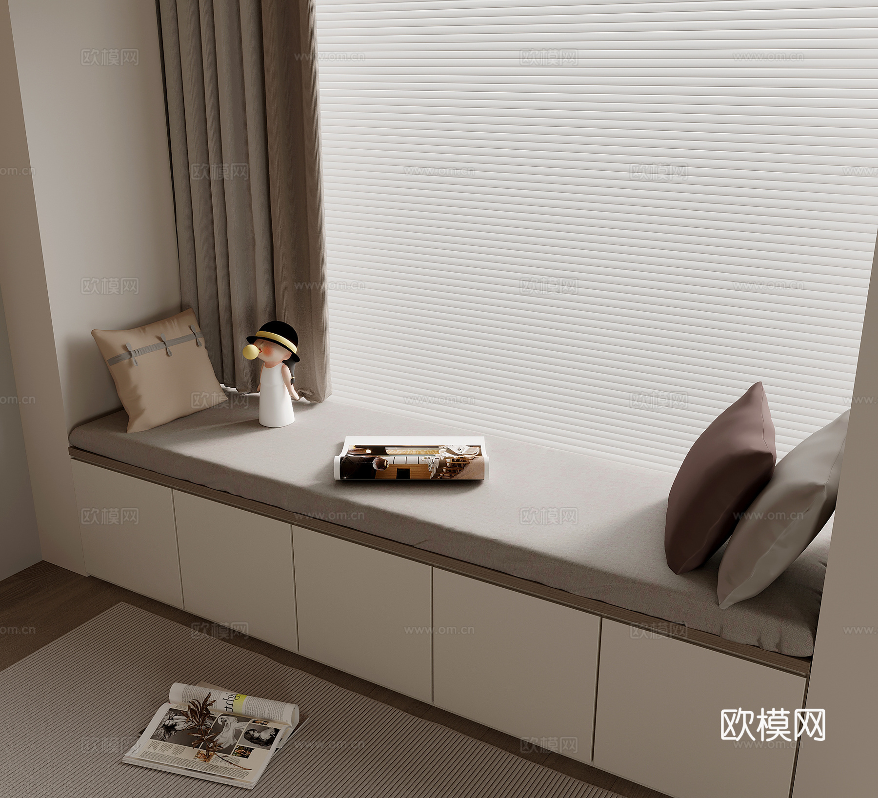 飘窗 现代简约飘窗 飘窗坐垫 抱枕 摆件3d模型