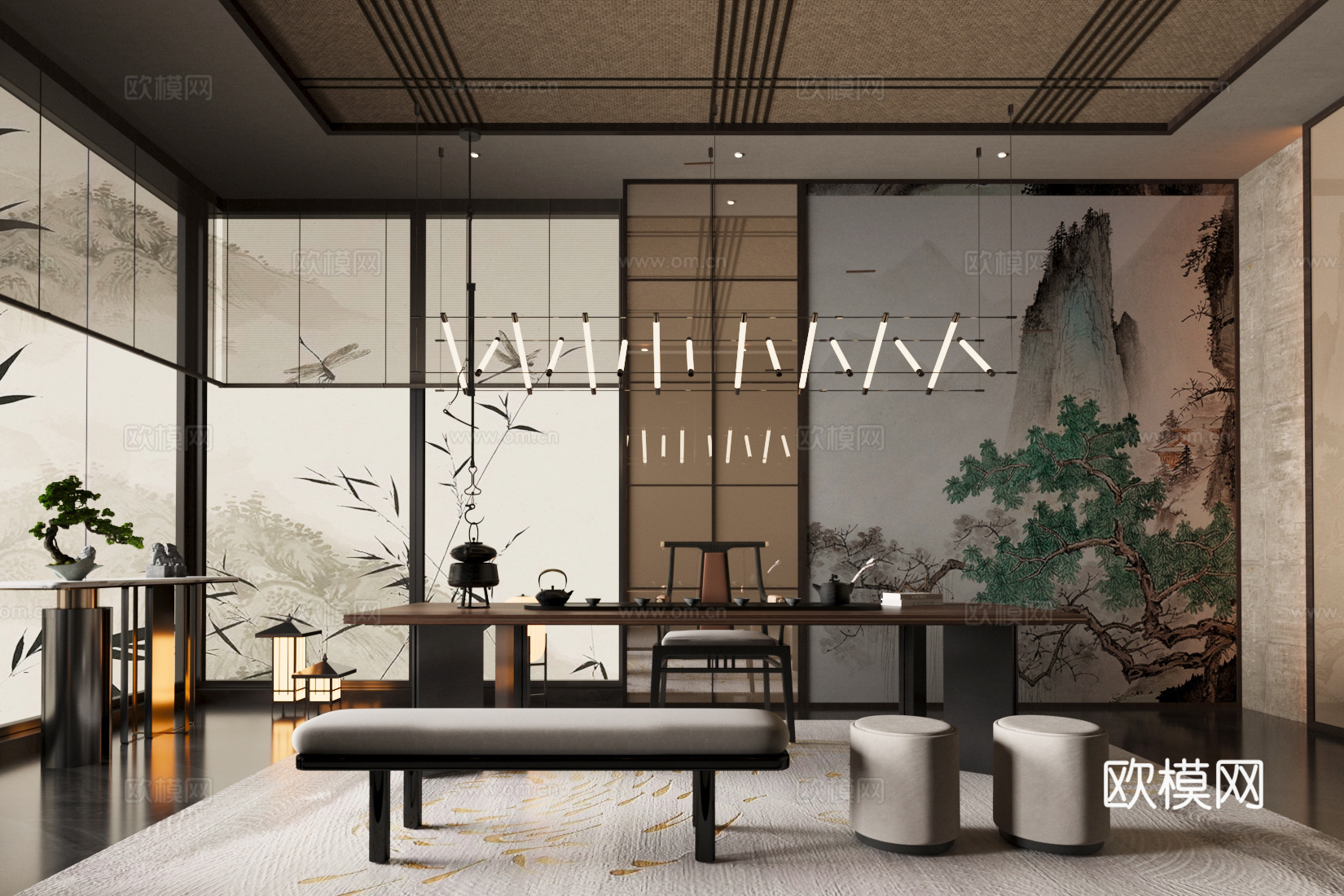 新中式茶室 茶桌椅组合 会所茶室 新中式屏风3d模型