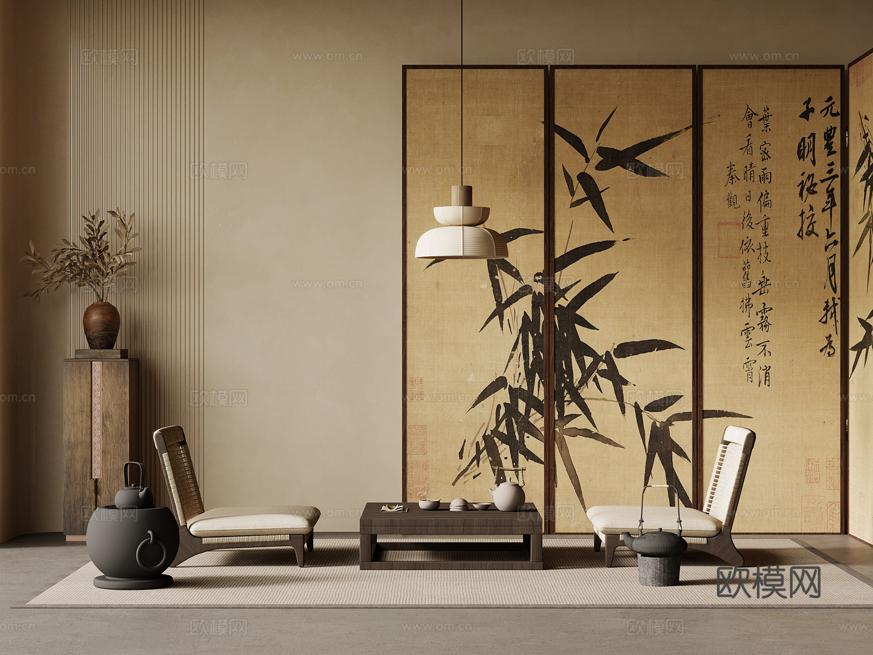 侘寂风 榻榻米茶桌椅 茶台 屏风3d模型