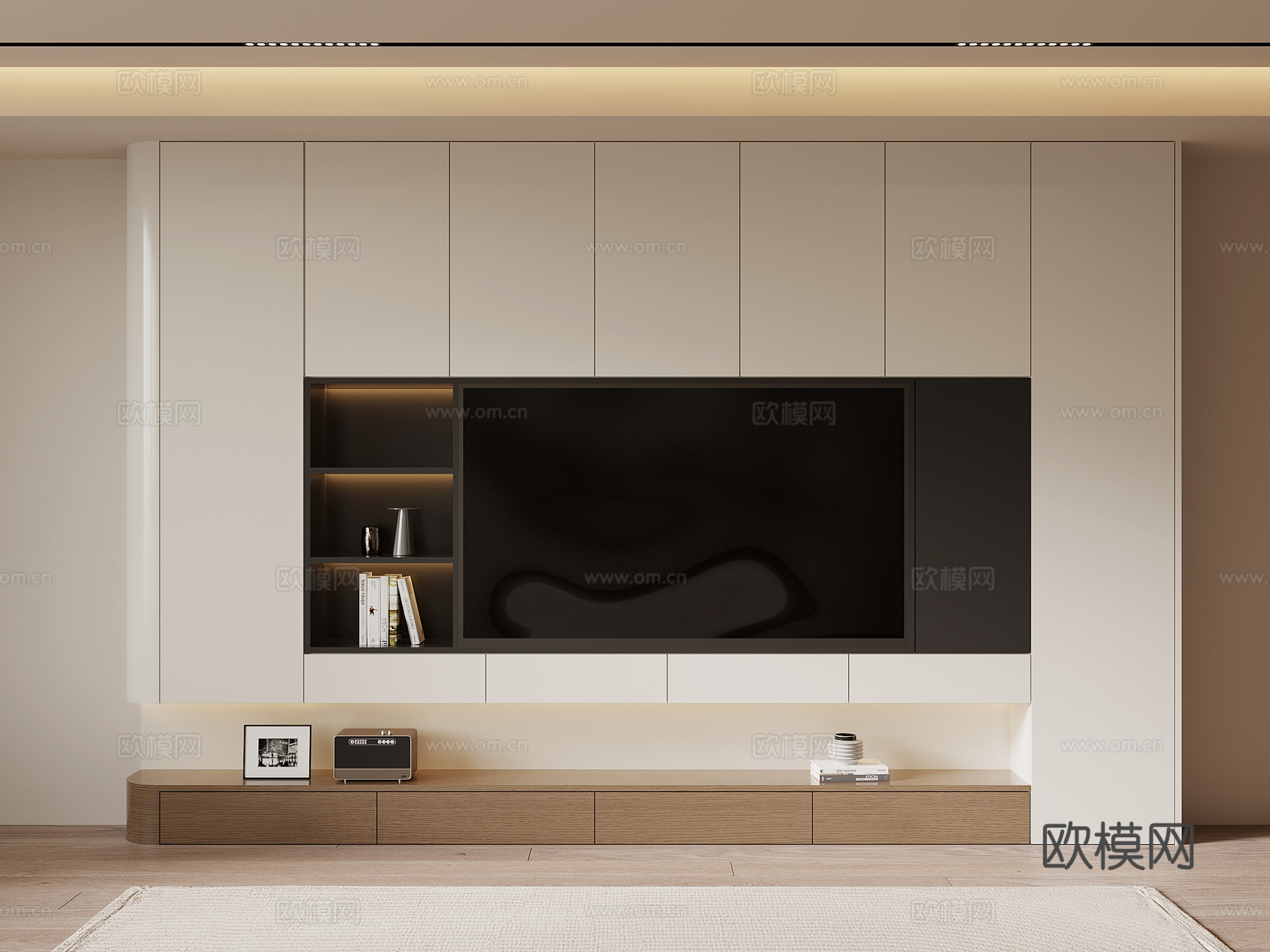 现代奶油风电视柜 满墙电视柜 电视背景墙3d模型