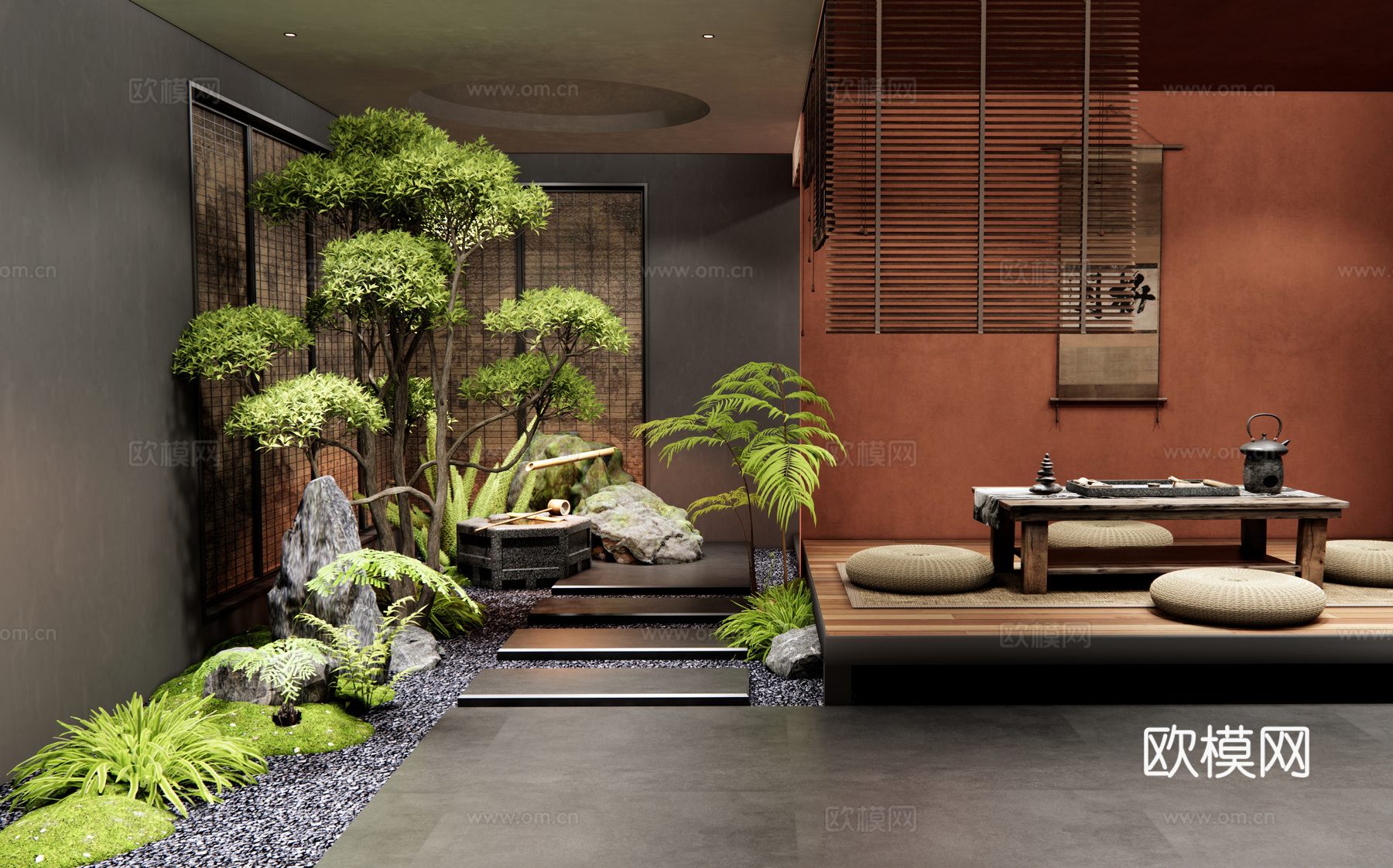 新中式茶室 室内景观 庭院小品 植物景观 植物组合 水钵su模型