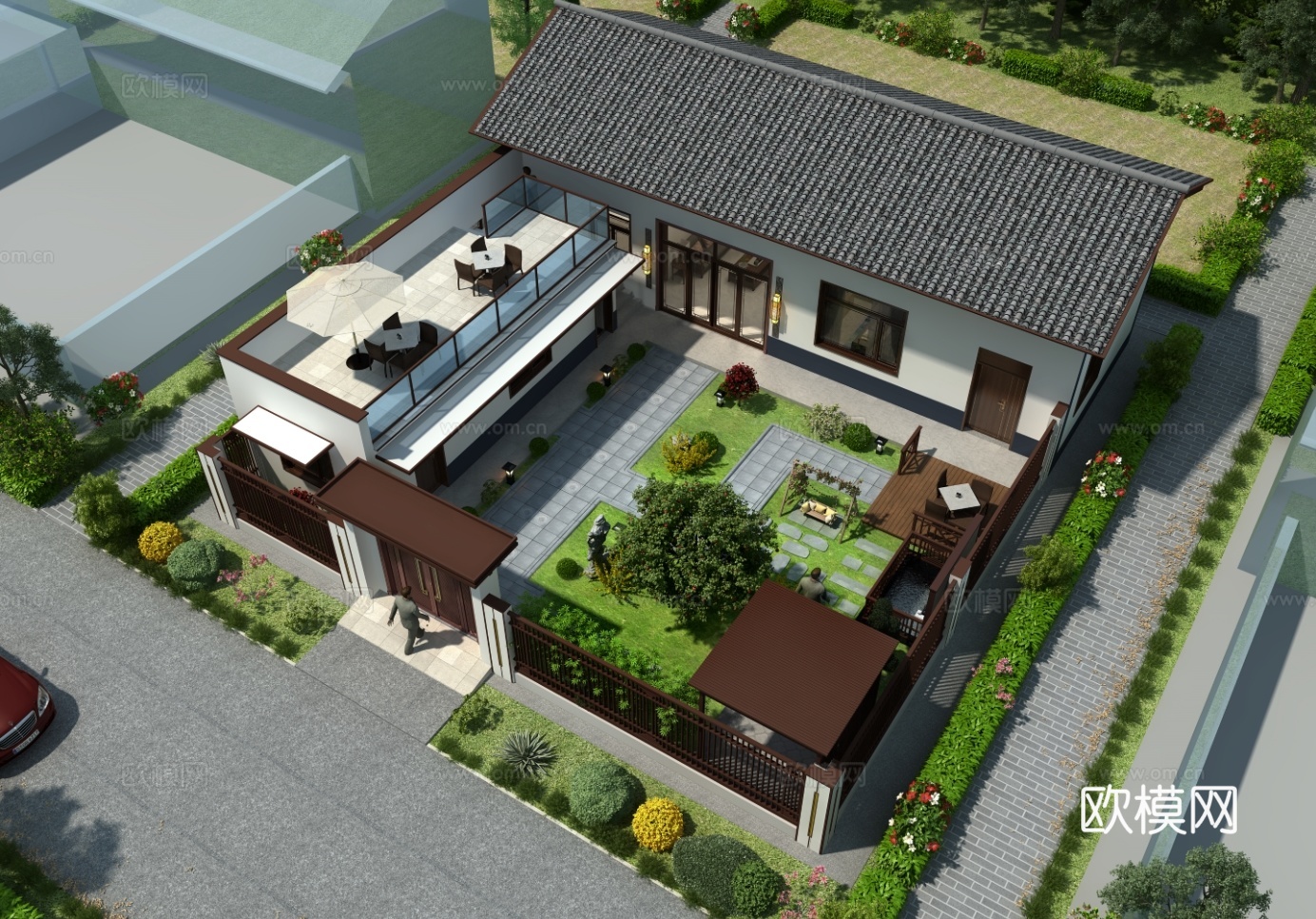 新中式院子 自建房 院落 民居 独栋别墅 独栋四合院 自建房3d模型