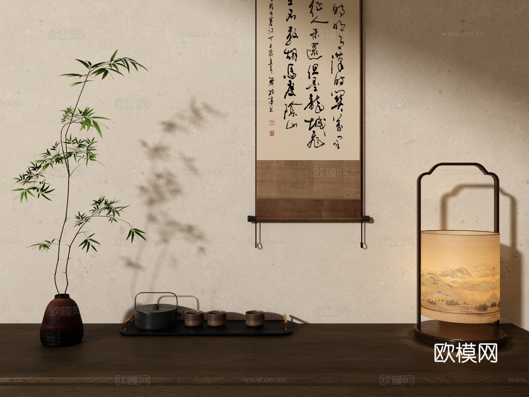 新中式台灯挂画绿植茶具摆件组合3d模型