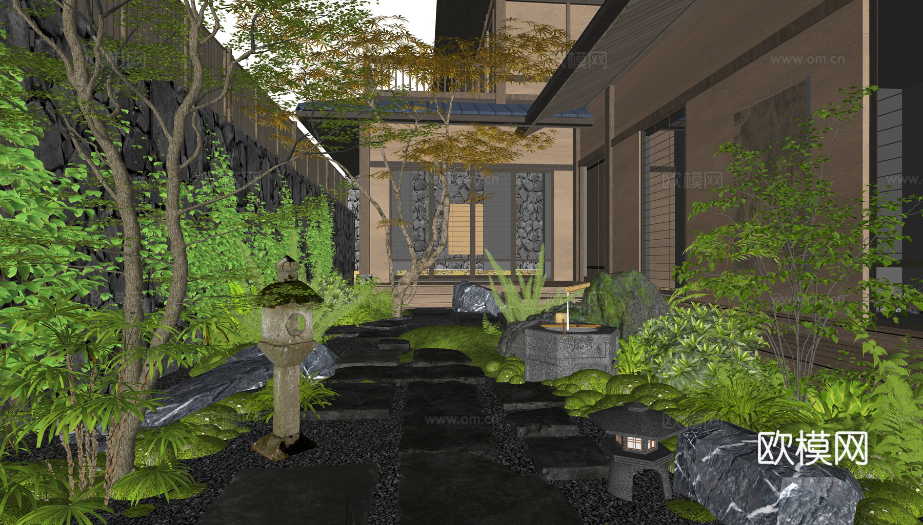 日式禅意庭院花园 汀步 青石板 水钵水景 植物组合 苔藓景观su模型