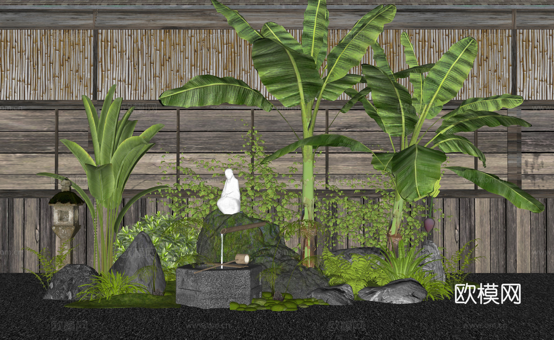 日式植物组合 庭院小品 水景 植物造景 石头 植物堆 水钵su模型