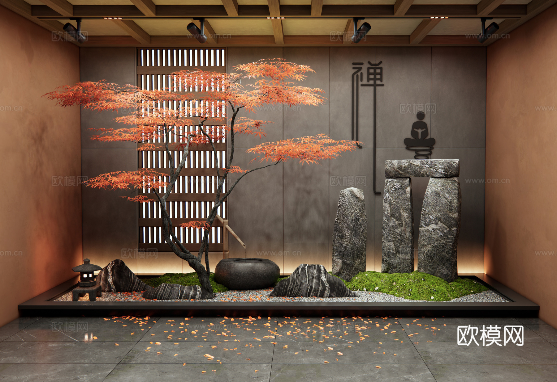 新中式庭院景观小品 室内景观 景观石头 水钵 红枫景观树3d模型