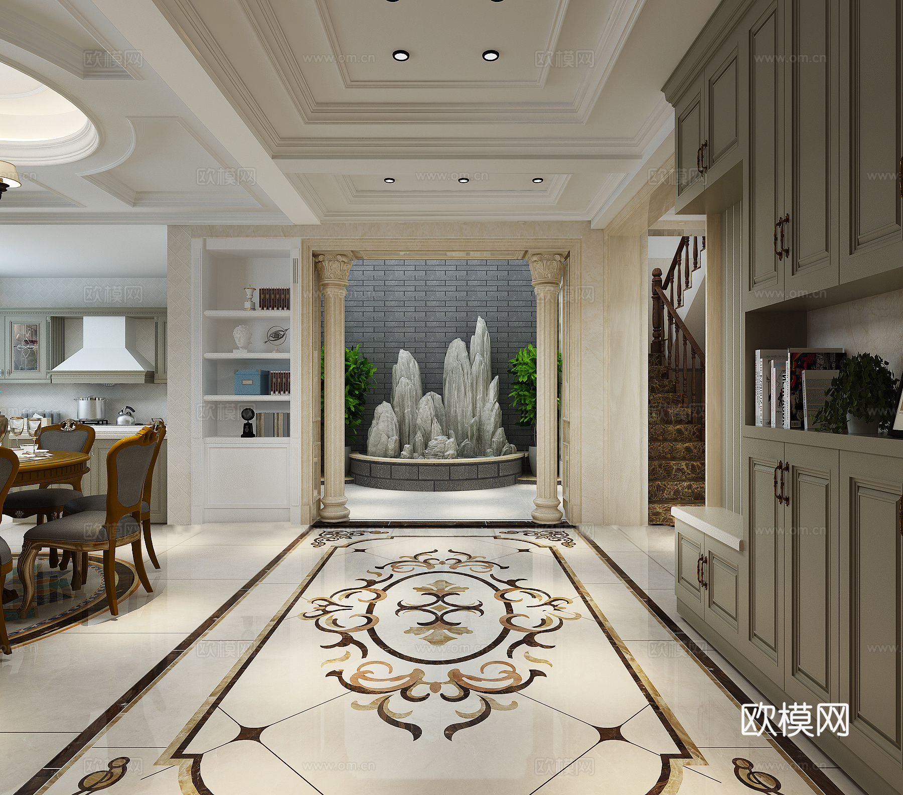 欧式别墅客餐厅 沙发茶几 吊灯 挂画 桌面摆件 餐桌椅3d模型