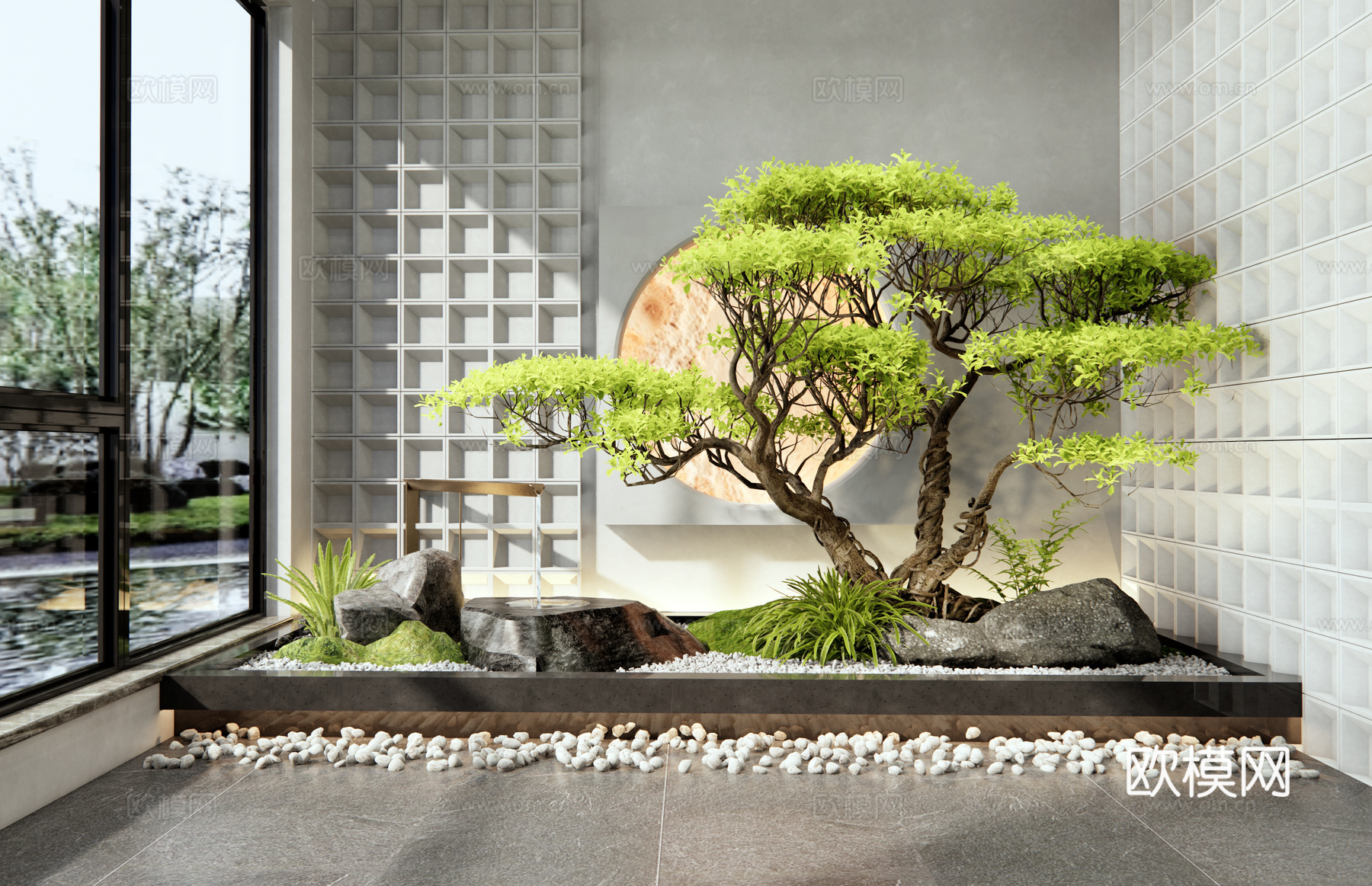 新中式庭院小品 室内景观造景 水钵水景 石头 植物景观3d模型