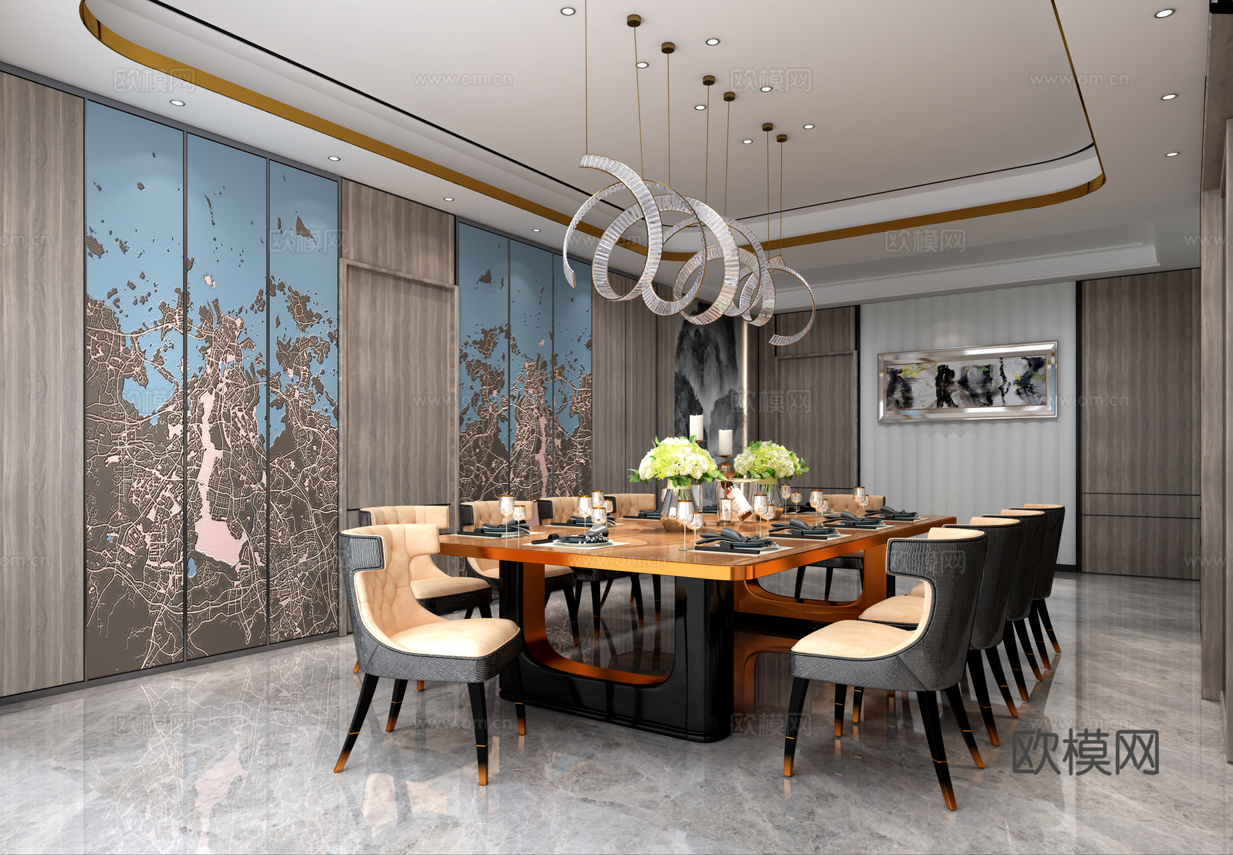 现代客餐厅 餐桌椅 挂灯 壁画 桌面摆件 沙发茶几3d模型