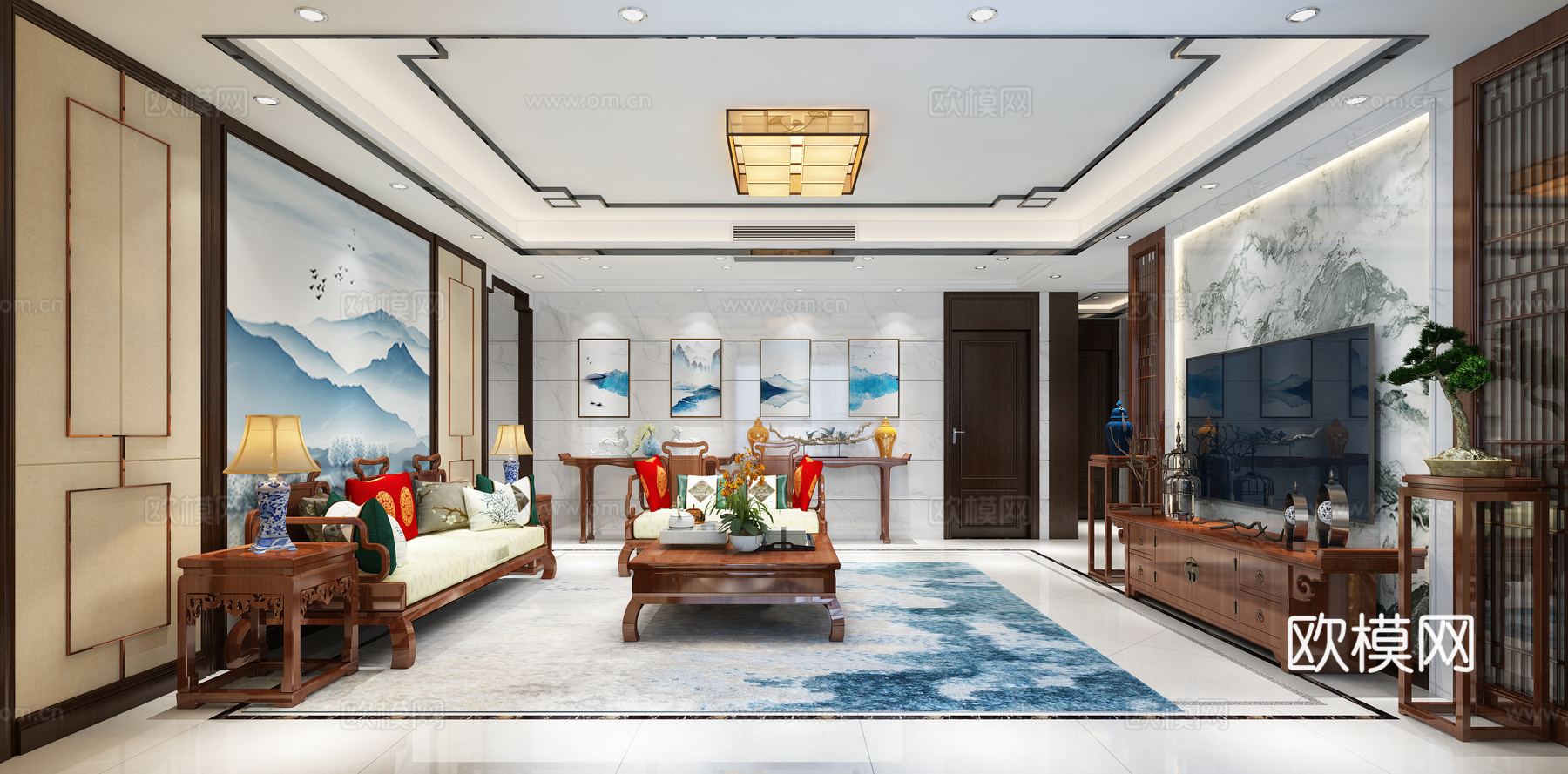 中式客厅端景柜 餐桌椅 沙发茶几 吊灯 桌面摆件 挂画3d模型